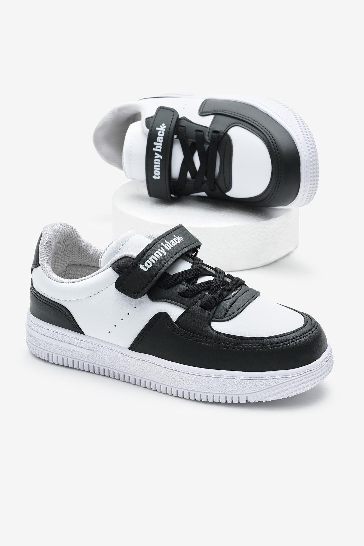 Termo Taban Cırtlı Lastik Bağcıklı Çocuk Unisex Beyaz Siyah Spor Ayakkabı TBTMKD030