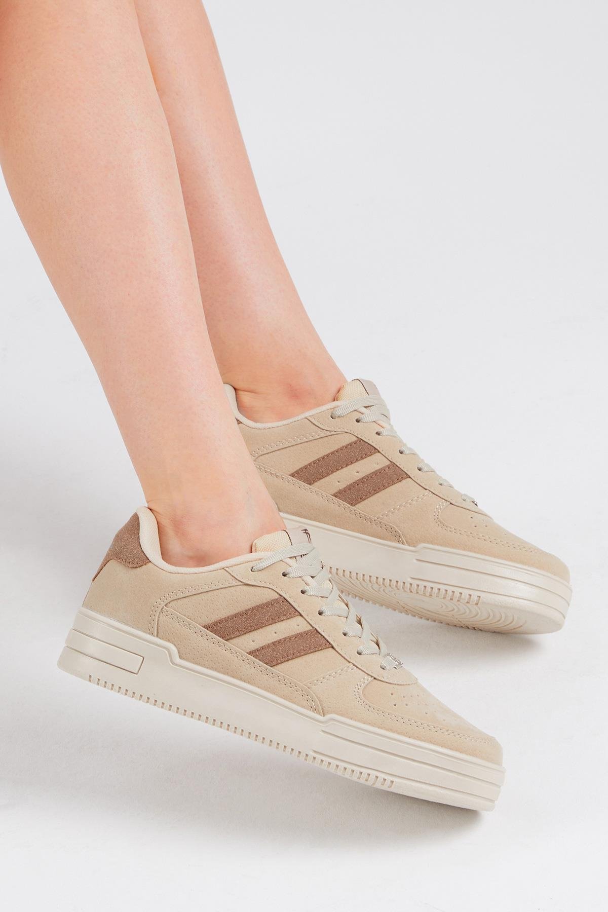 Unisex Bej Kahve Yanı Çizgili Bağcıklı Rahat Kalıp Sneaker