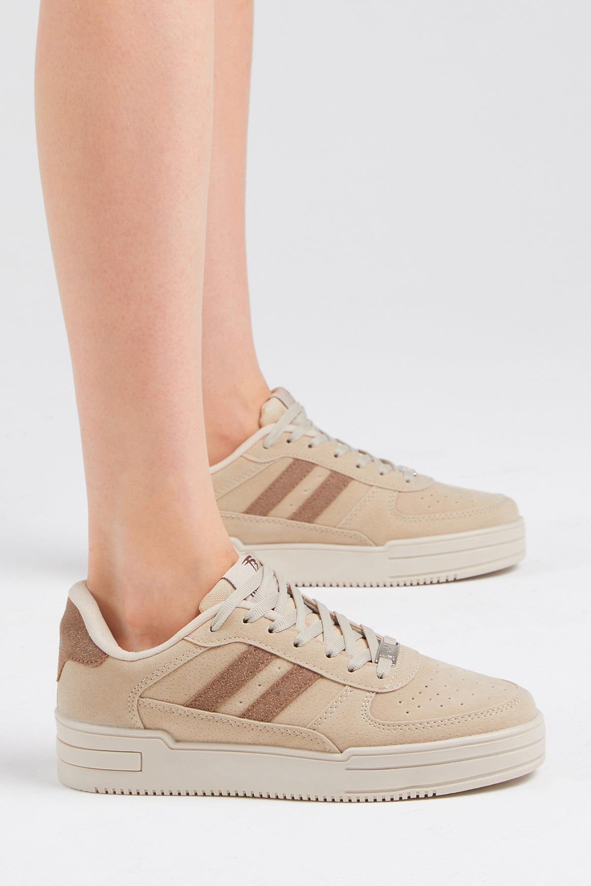 Unisex Bej Kahve Yanı Çizgili Bağcıklı Rahat Kalıp Sneaker