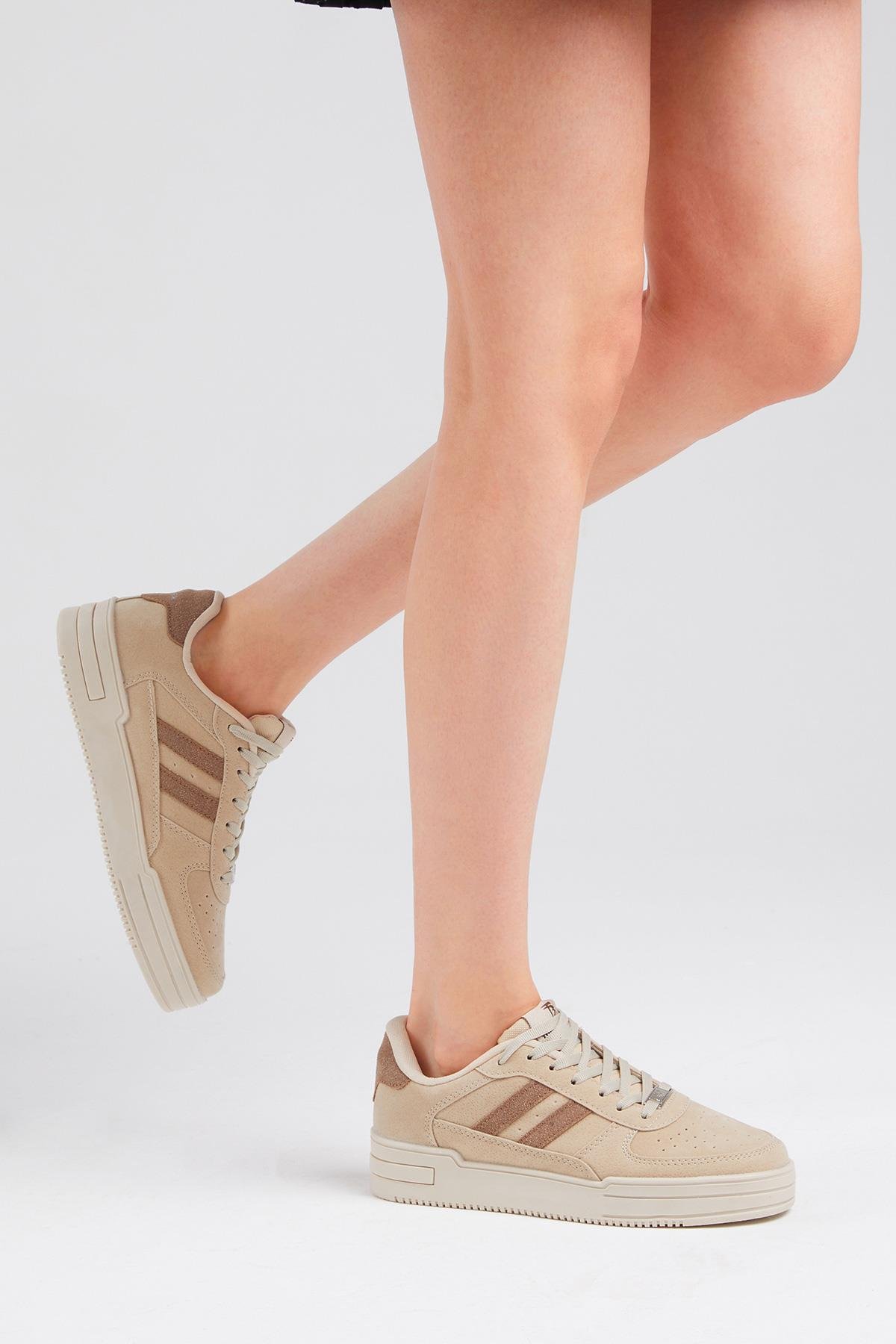 Unisex Bej Kahve Yanı Çizgili Bağcıklı Rahat Kalıp Sneaker