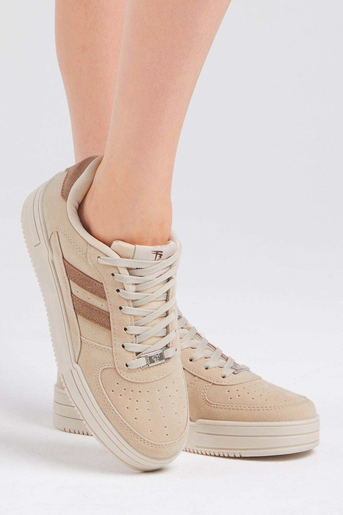 Unisex Bej Kahve Yanı Çizgili Bağcıklı Rahat Kalıp Sneaker