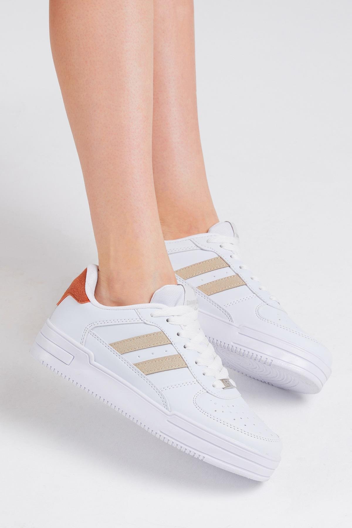 Unisex Beyaz Bej Yanı Çizgili Bağcıklı Rahat Kalıp Sneaker
