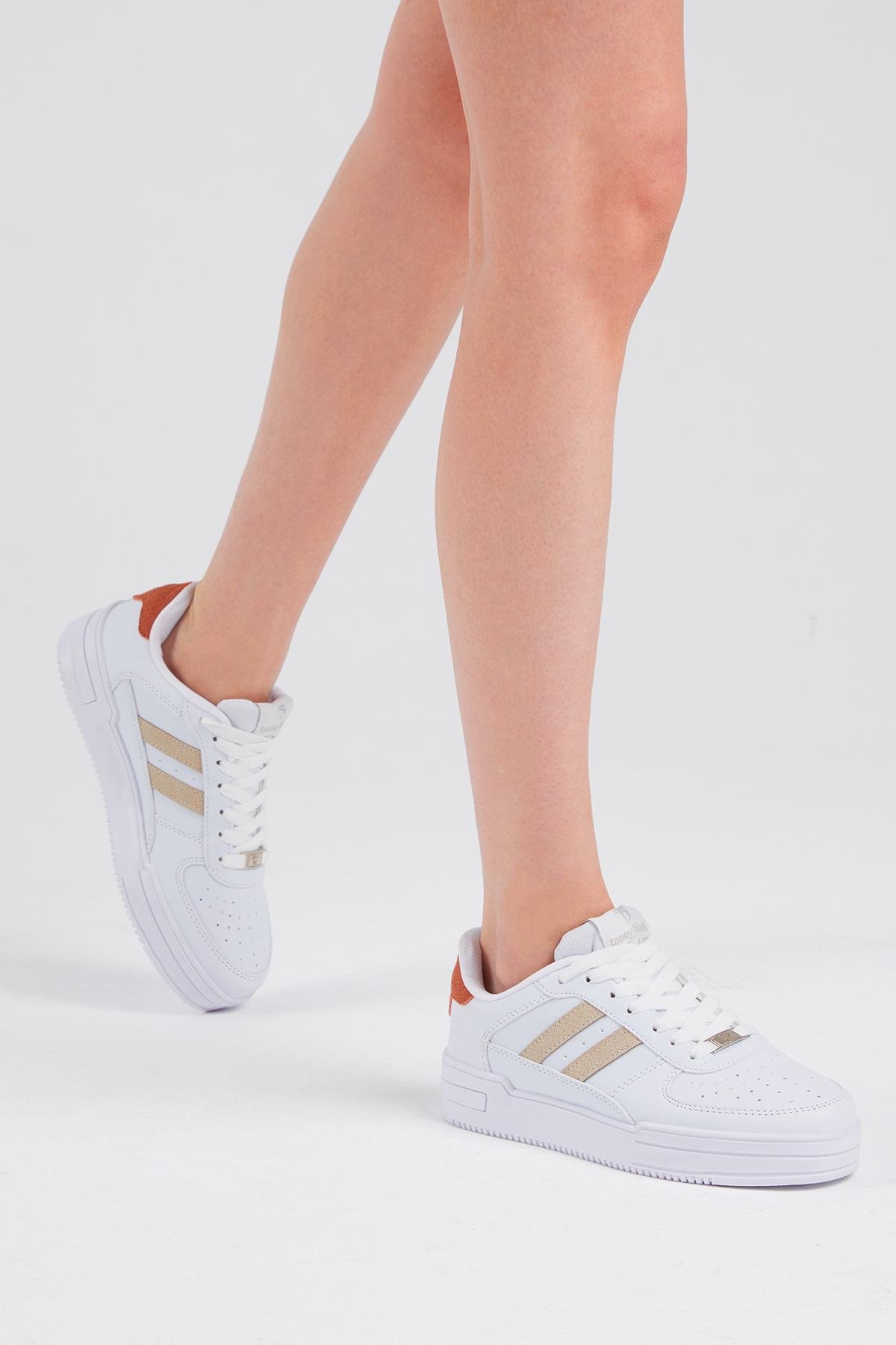 Unisex Beyaz Bej Yanı Çizgili Bağcıklı Rahat Kalıp Sneaker