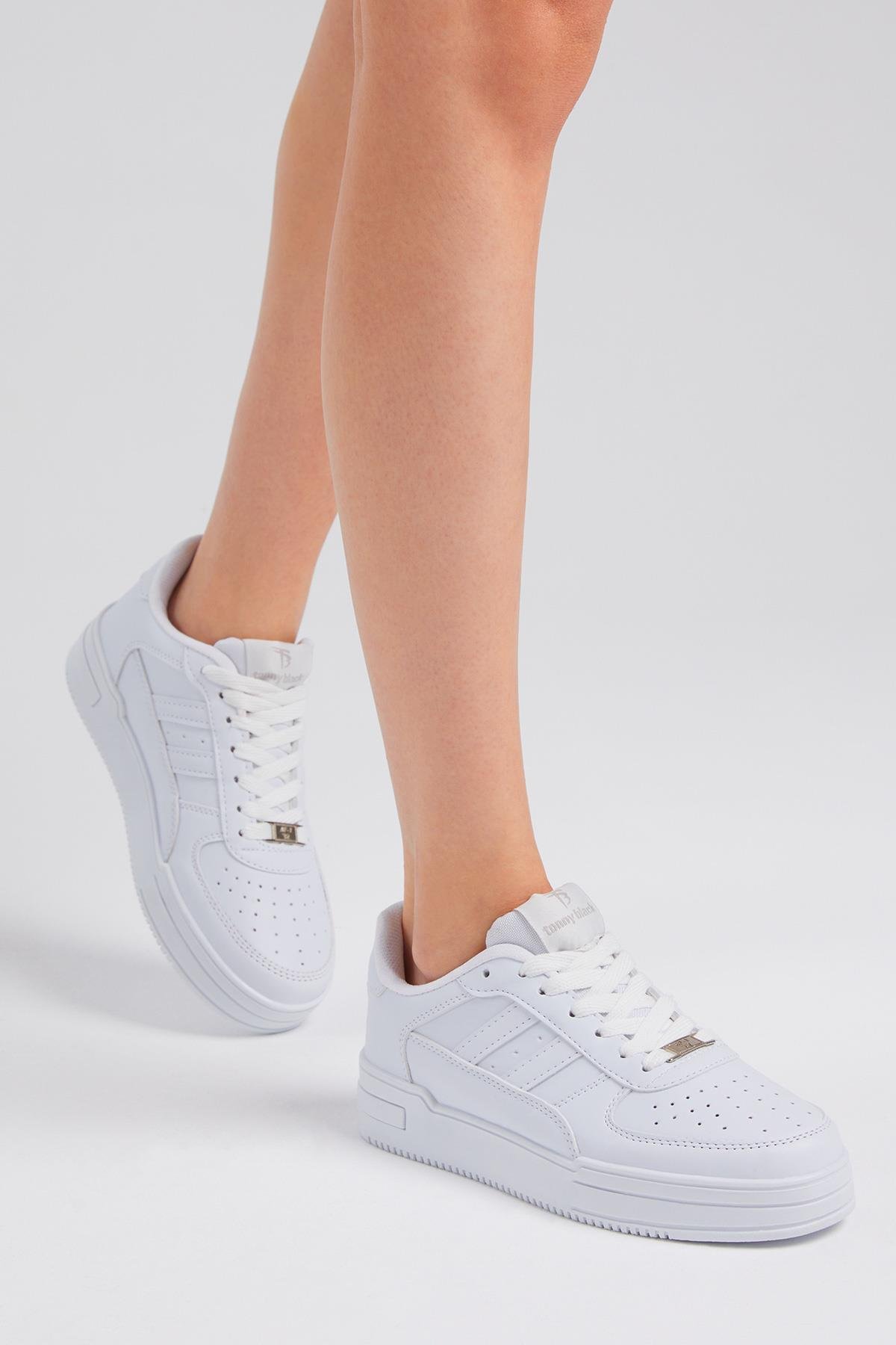 Unisex Beyaz Beyaz Yanı Çizgili Bağcıklı Rahat Kalıp Sneaker