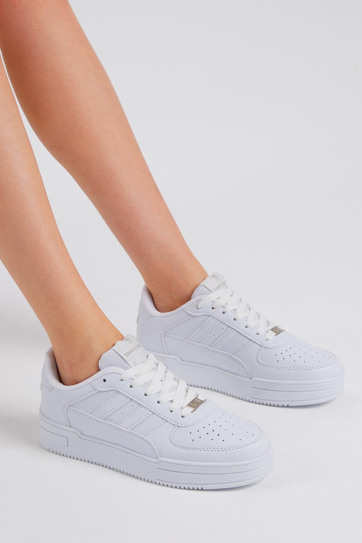 Unisex Beyaz Beyaz Yanı Çizgili Bağcıklı Rahat Kalıp Sneaker