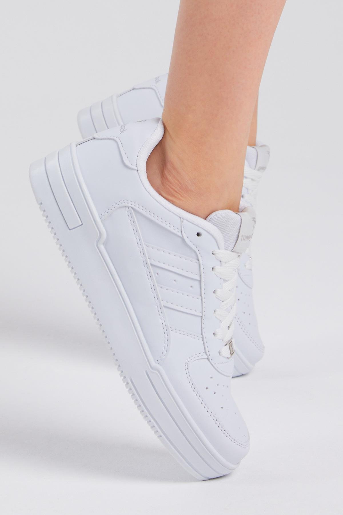 Unisex Beyaz Beyaz Yanı Çizgili Bağcıklı Rahat Kalıp Sneaker