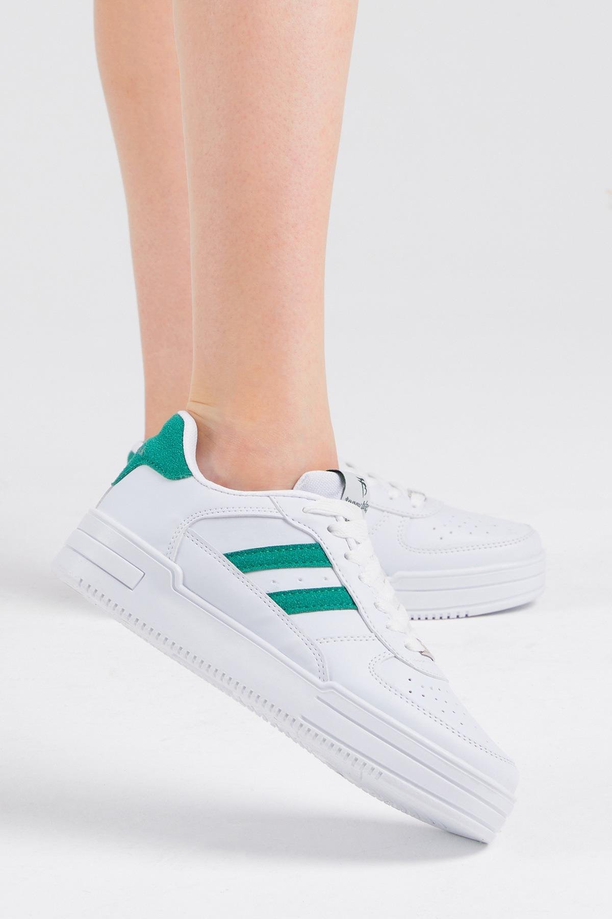 Unisex Beyaz Yeşil Yanı Çizgili Bağcıklı Rahat Kalıp Sneaker
