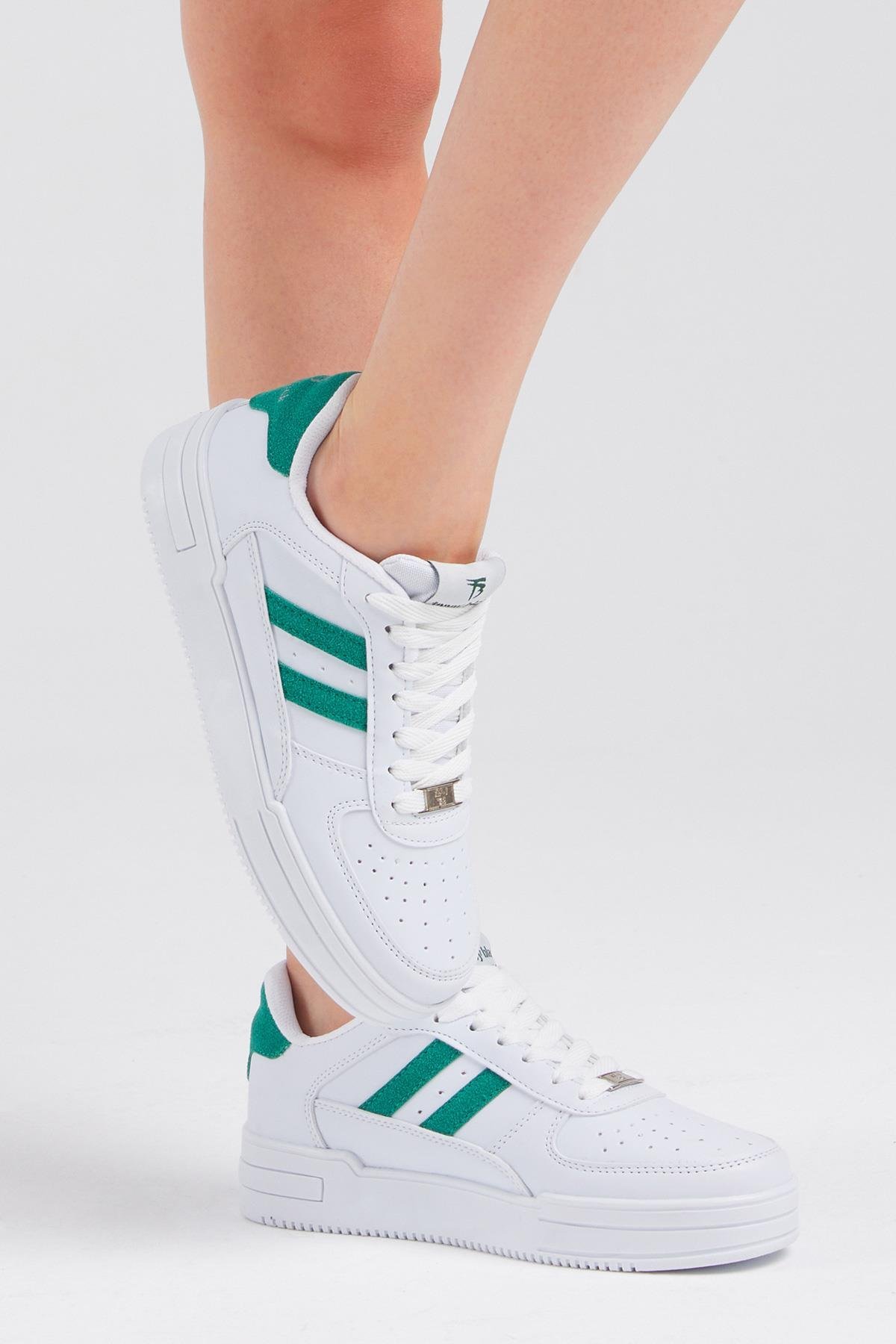 Unisex Beyaz Yeşil Yanı Çizgili Bağcıklı Rahat Kalıp Sneaker
