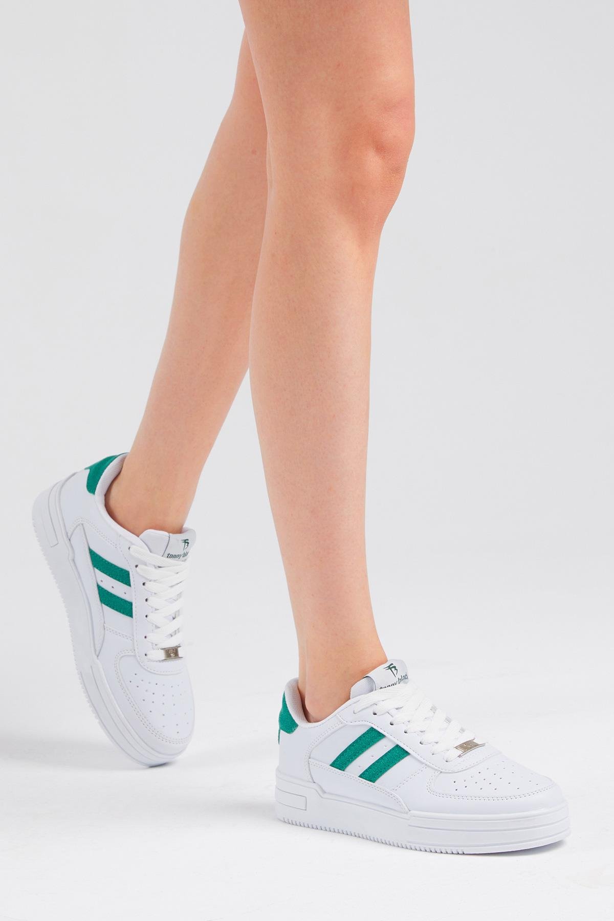 Unisex Beyaz Yeşil Yanı Çizgili Bağcıklı Rahat Kalıp Sneaker