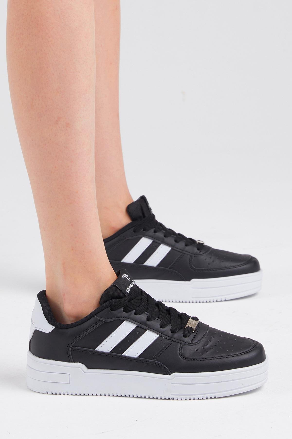 Unisex Siyah Beyaz Yanı Çizgili Bağcıklı Rahat Kalıp Sneaker