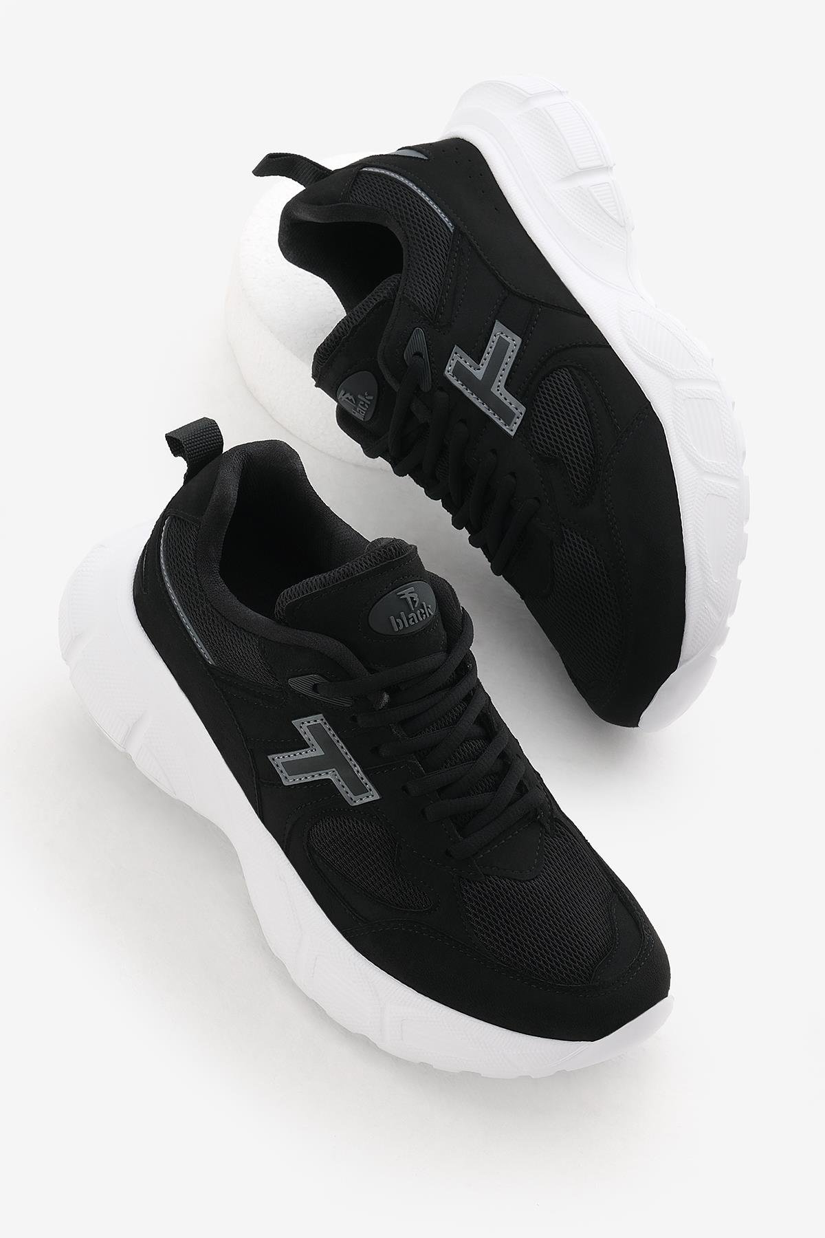 Yüksek Poli Taban Nefes Alabilen Kumaş Bağcıklı Unisex Siyah Beyaz Spor Ayakkabı TBABLT05