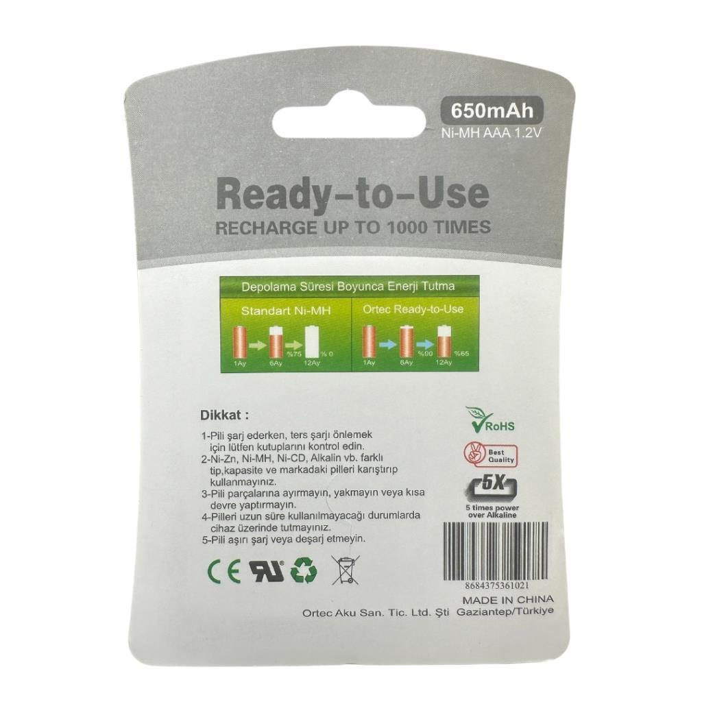 Ortec AAA 1.2V Ni-Mh 650mAh Şarj Edilebilir İnce Kalem Pil 2'li Paket
