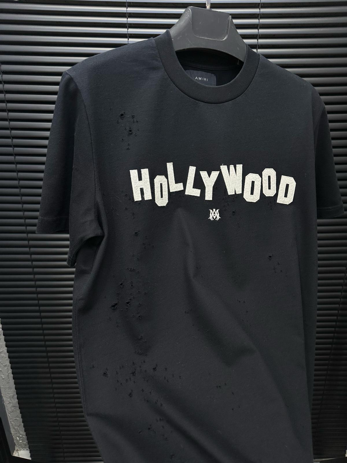 Bisiklet YakaHollywood Nakış Baskılı Yırtık Detaylı T-Shirt - Beyaz