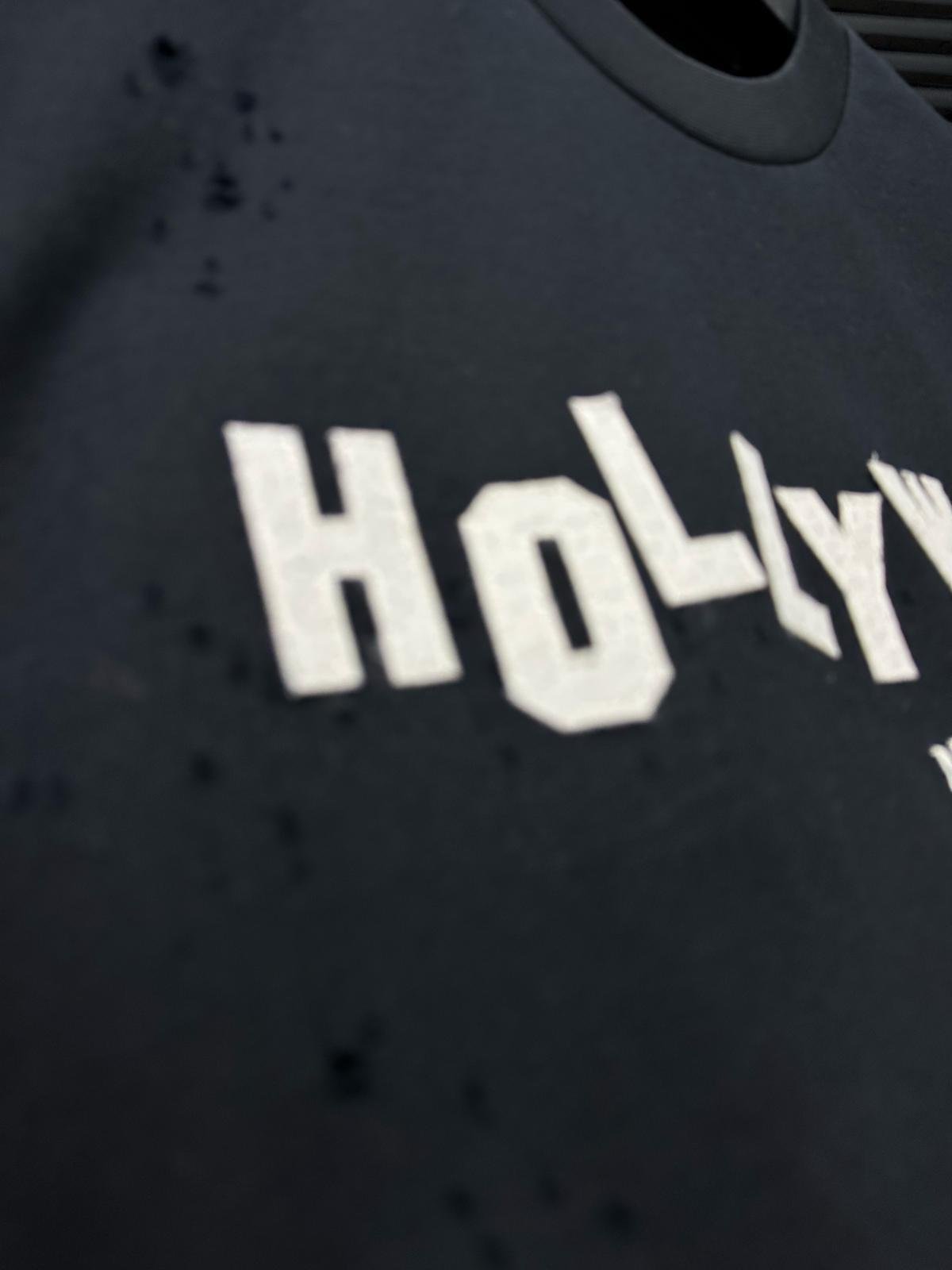 Bisiklet YakaHollywood Nakış Baskılı Yırtık Detaylı T-Shirt - Beyaz