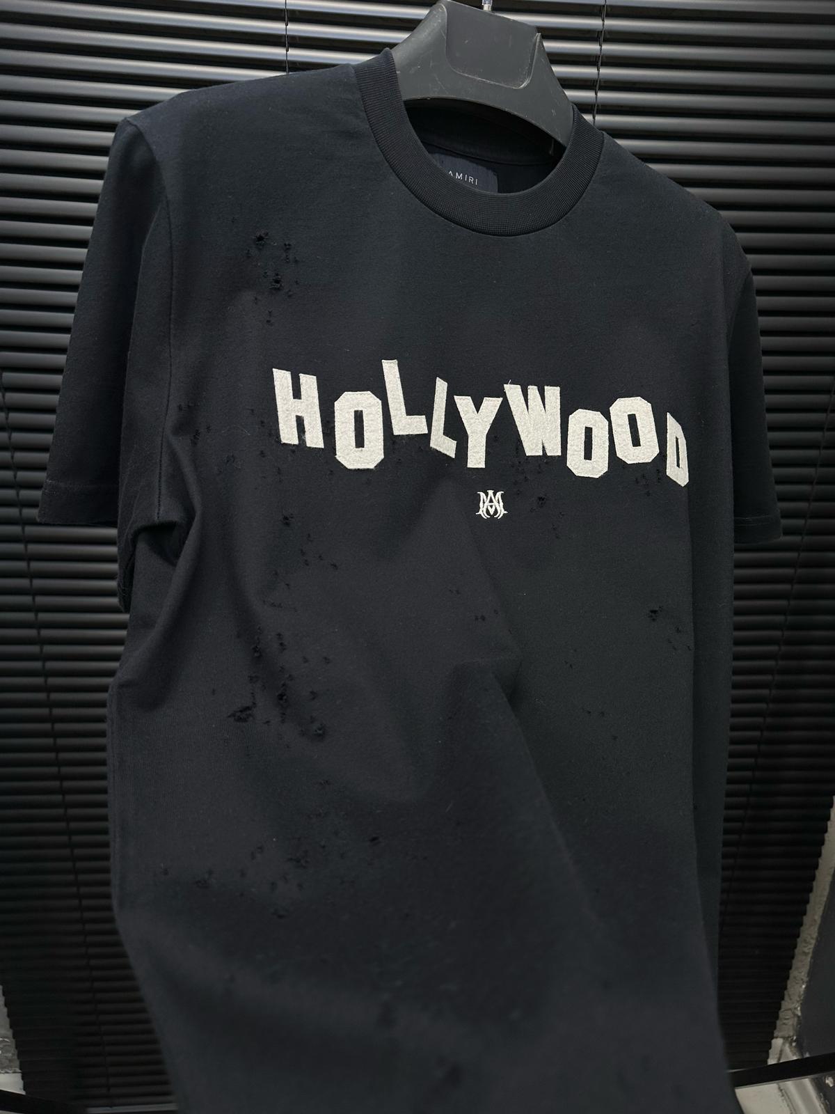 Bisiklet YakaHollywood Nakış Baskılı Yırtık Detaylı T-Shirt - Beyaz