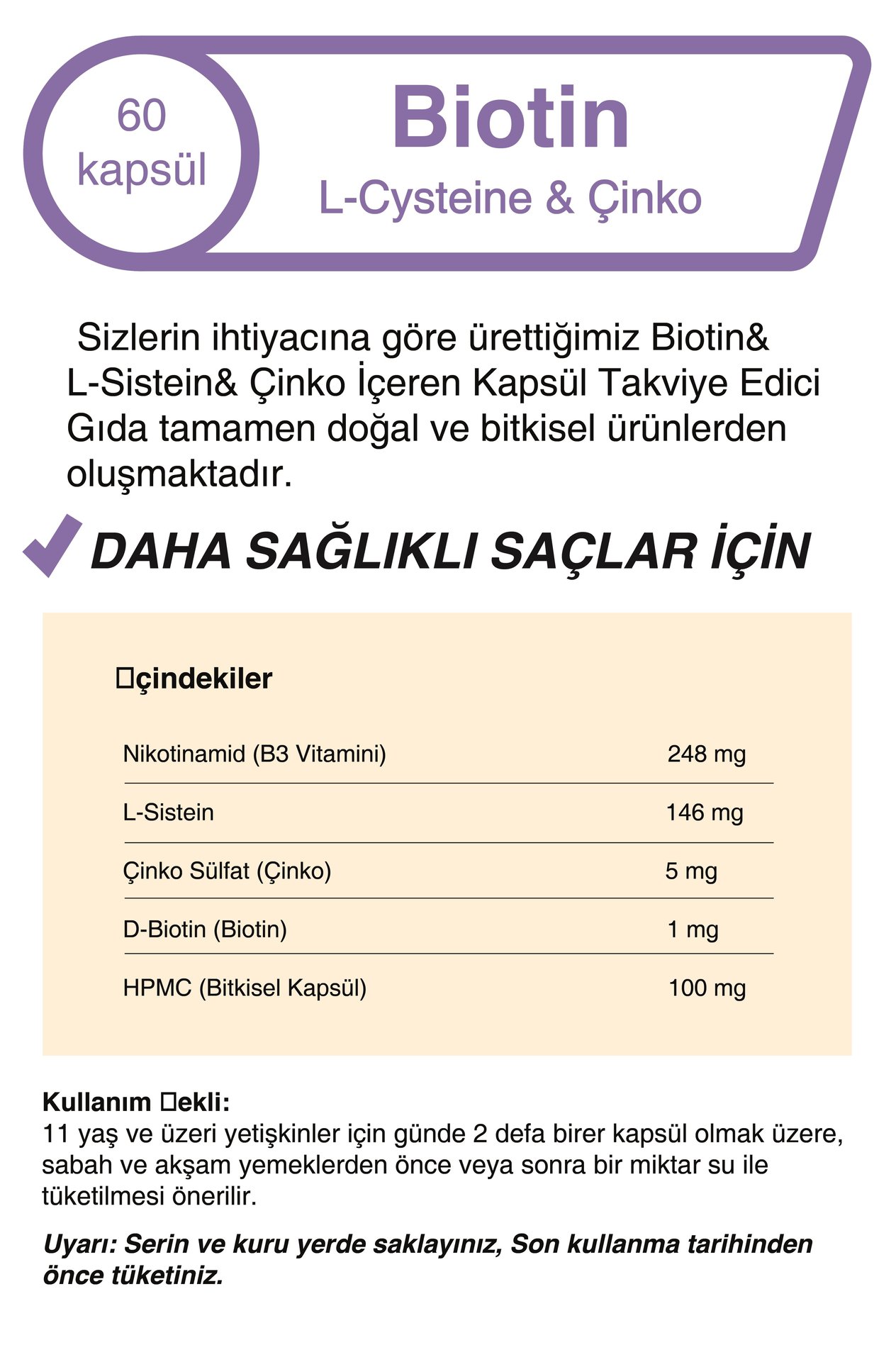 Biotin & L-Sistein & Çinko 500 Mg 60 Kapsül