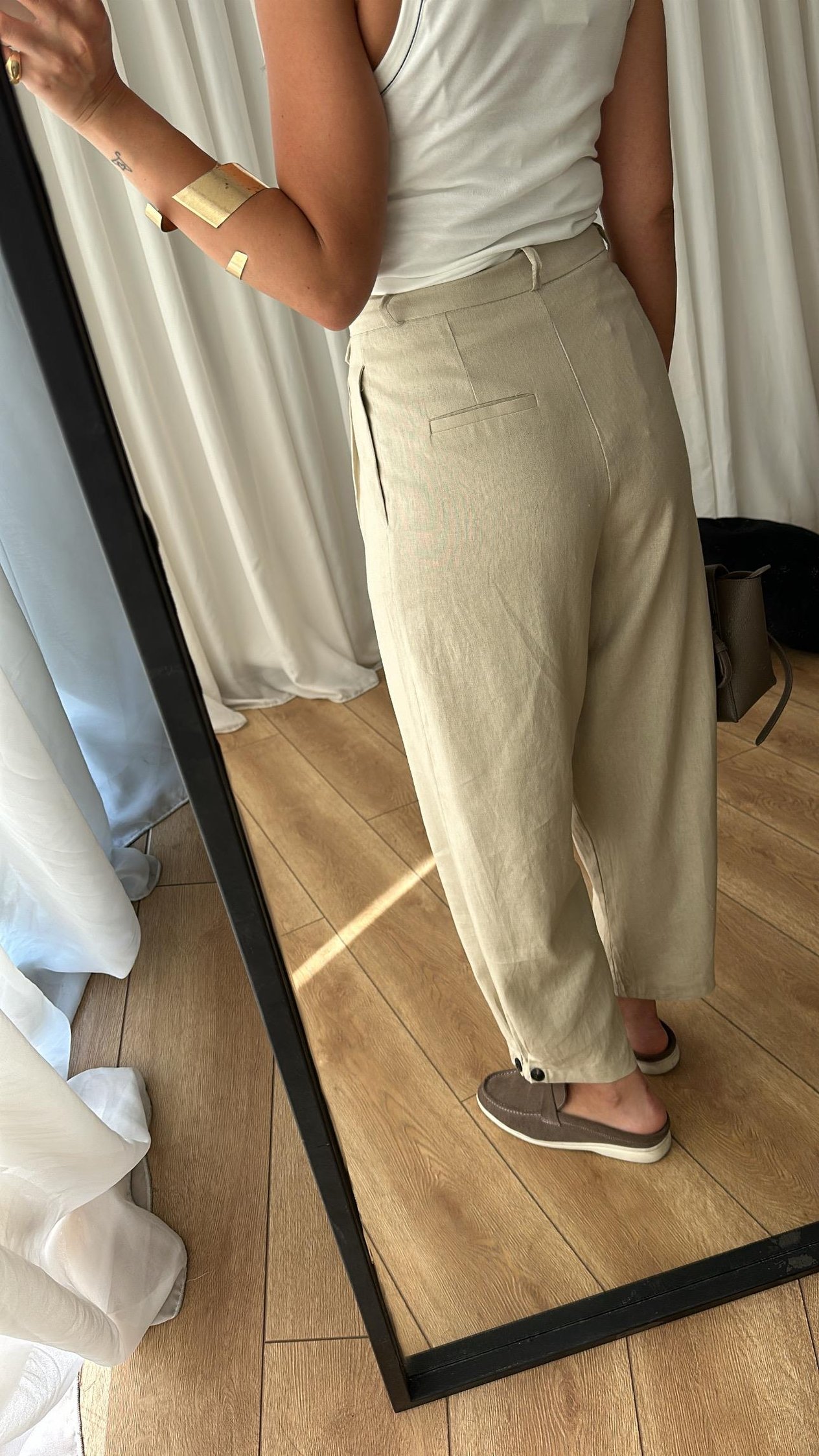 Bej Keten Cep Detaylı Pantolon