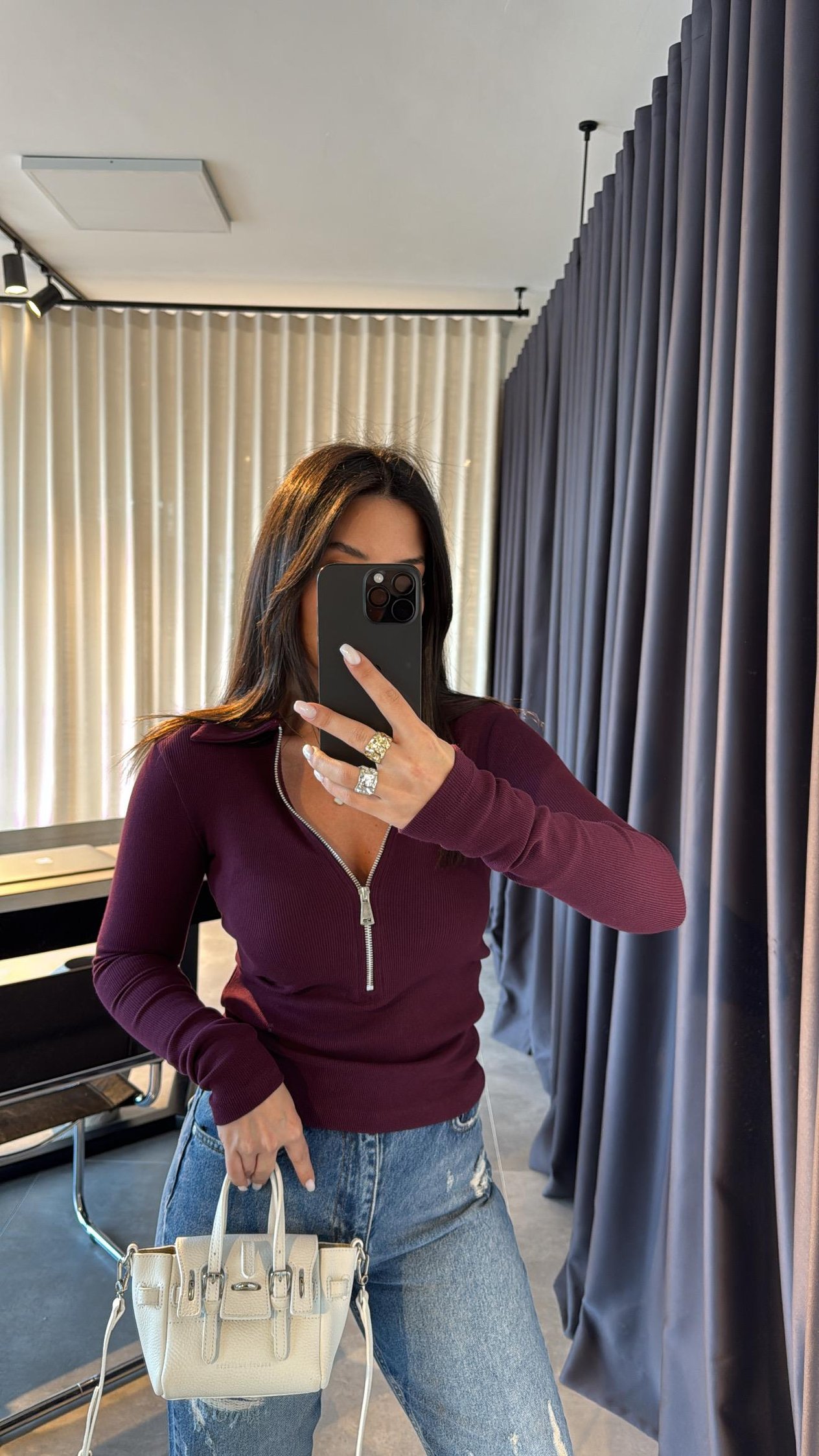 Bordo Fermuar Detaylı Bluz