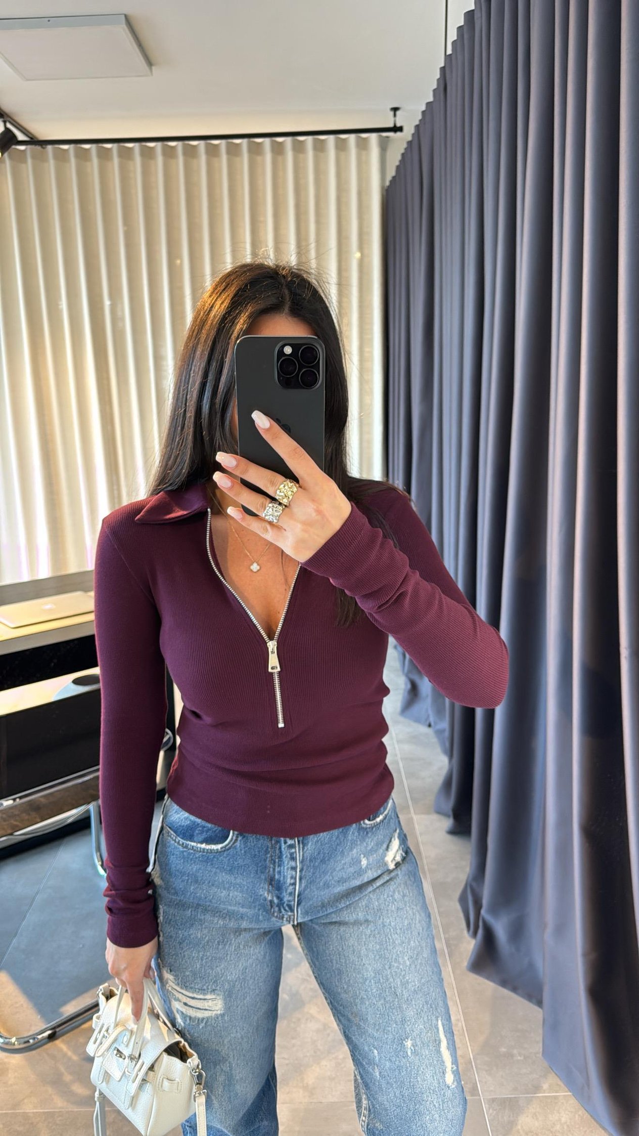 Bordo Fermuar Detaylı Bluz