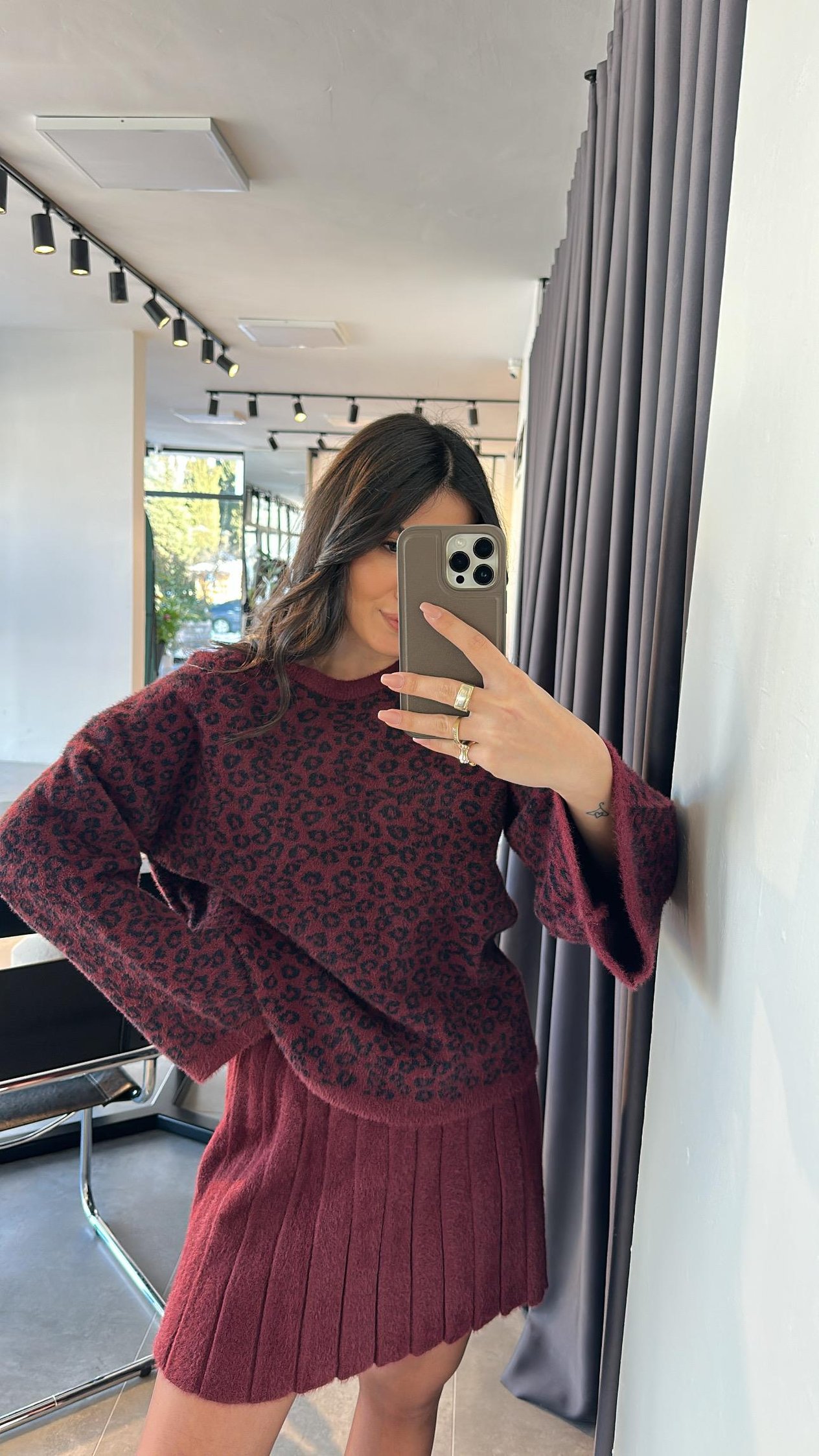 Bordo Leopar Desenli Etekli Takım
