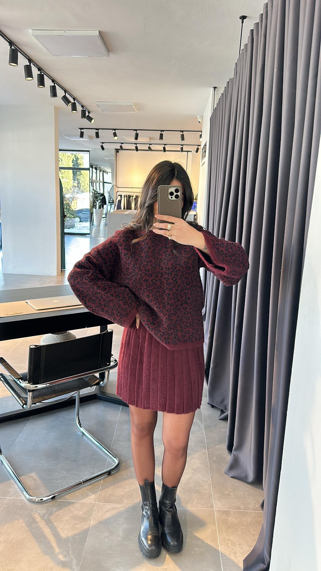 Bordo Leopar Desenli Etekli Takım