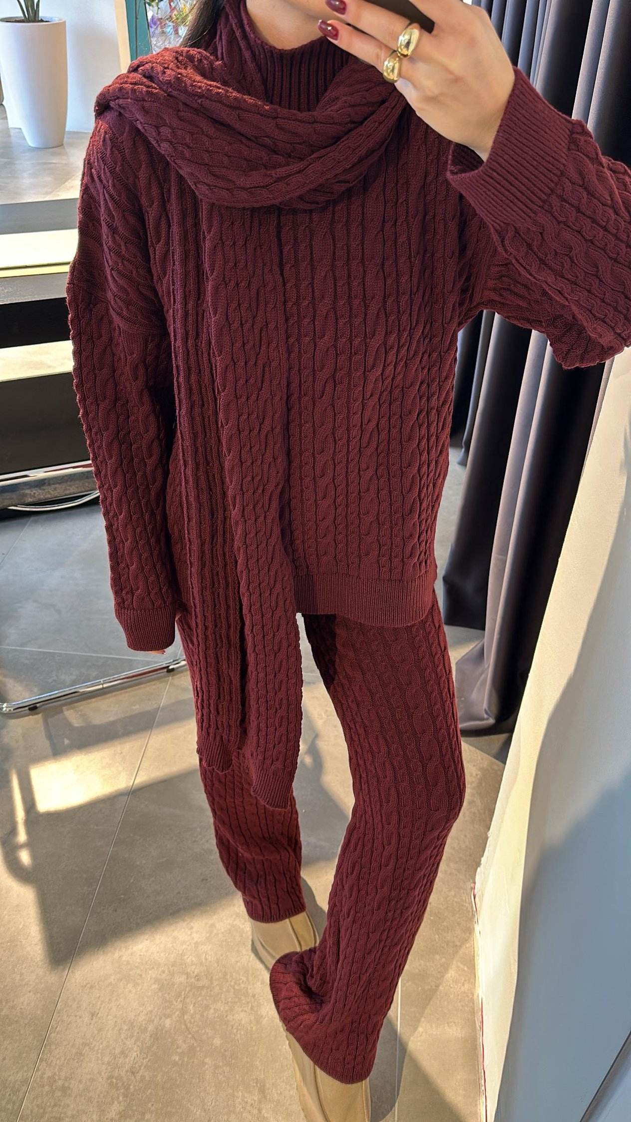 Bordo Saç Örgü Atkılı Takım