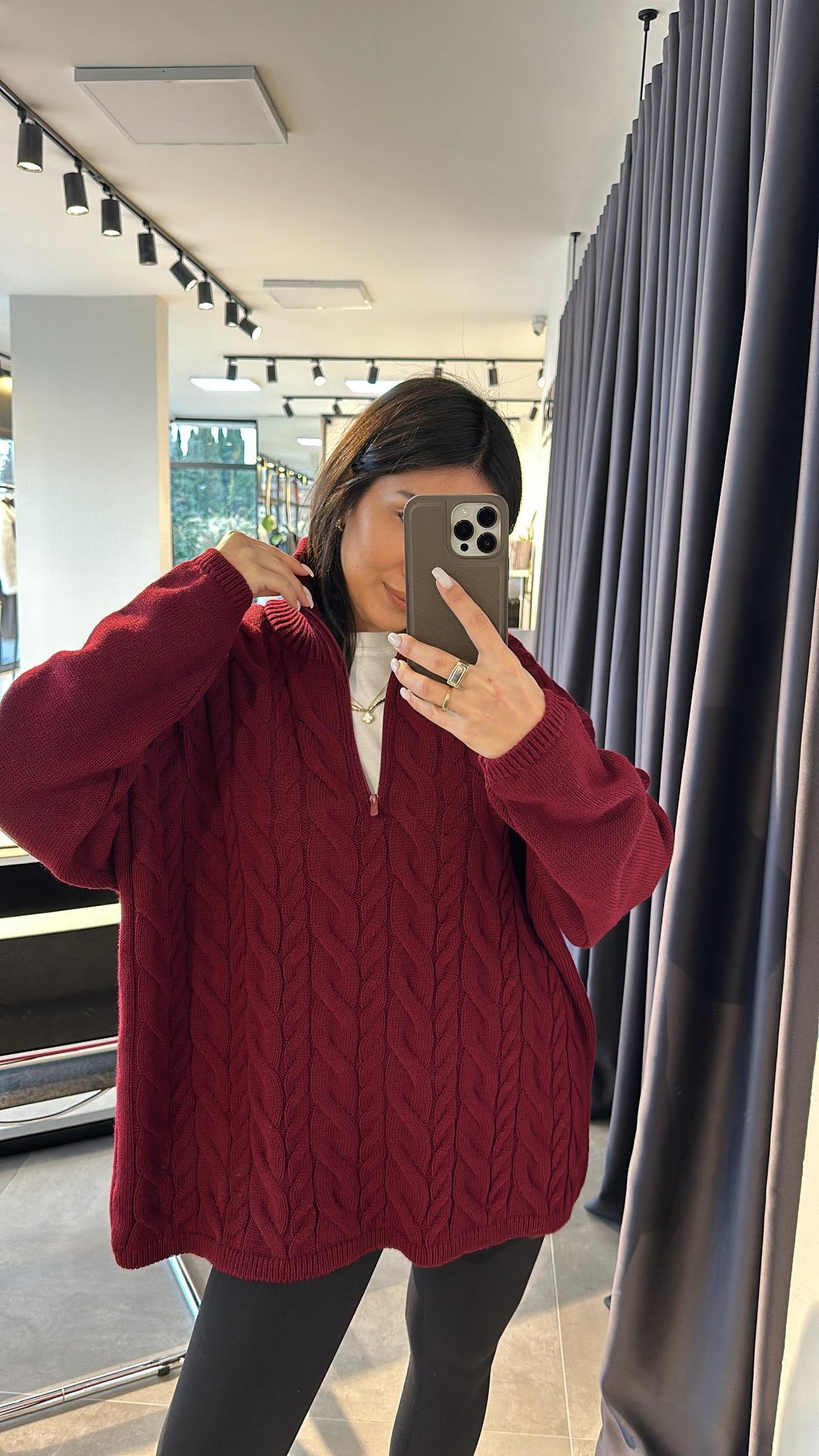 Bordo Saç Örgü Fermuarlı Triko