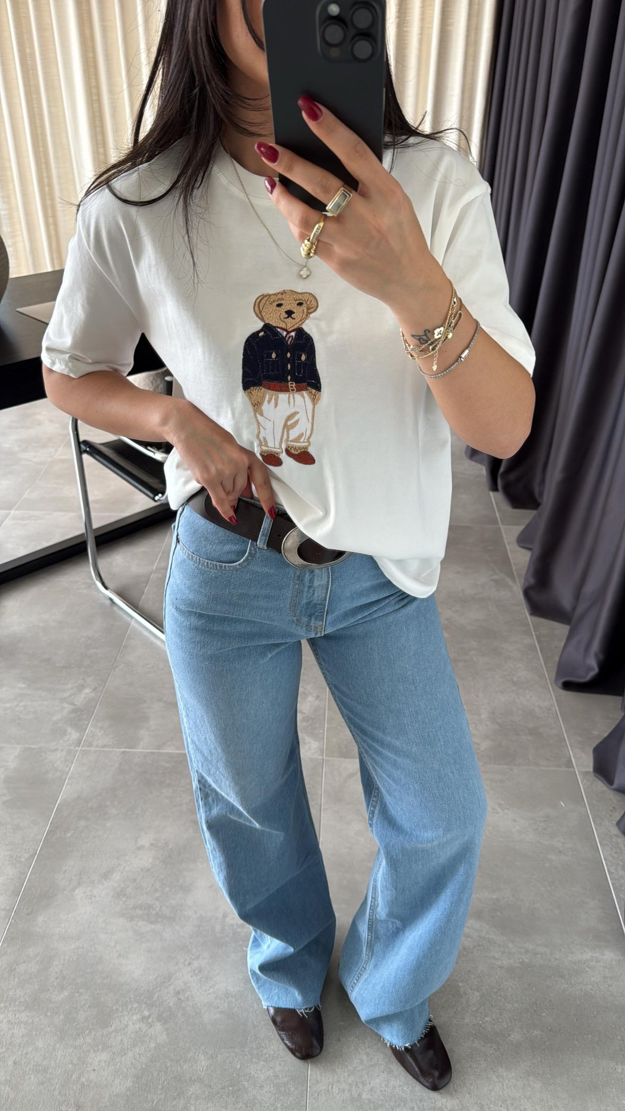 Ekru Lacivert Ayıcık Baskılı T-shirt