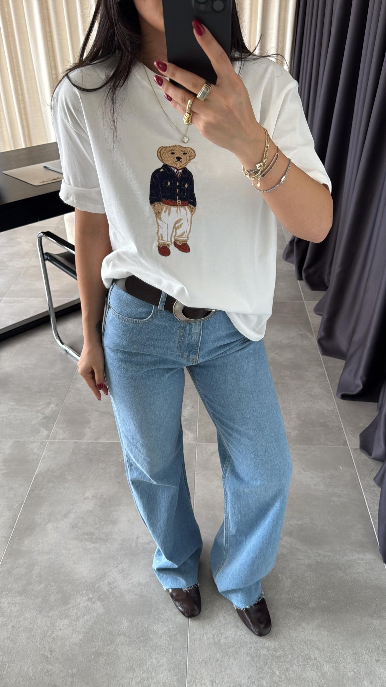 Ekru Lacivert Ayıcık Baskılı T-shirt