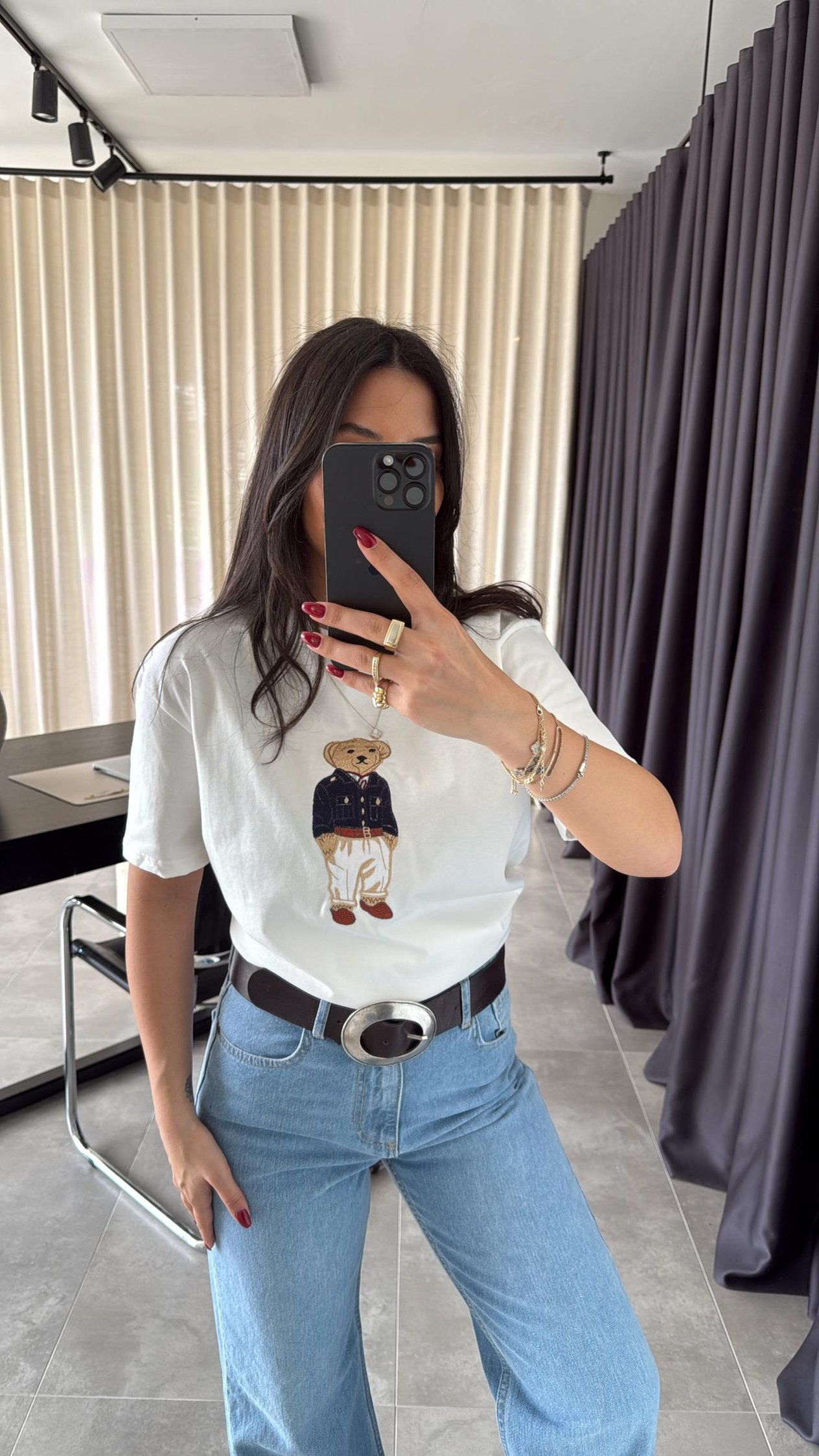 Ekru Lacivert Ayıcık Baskılı T-shirt