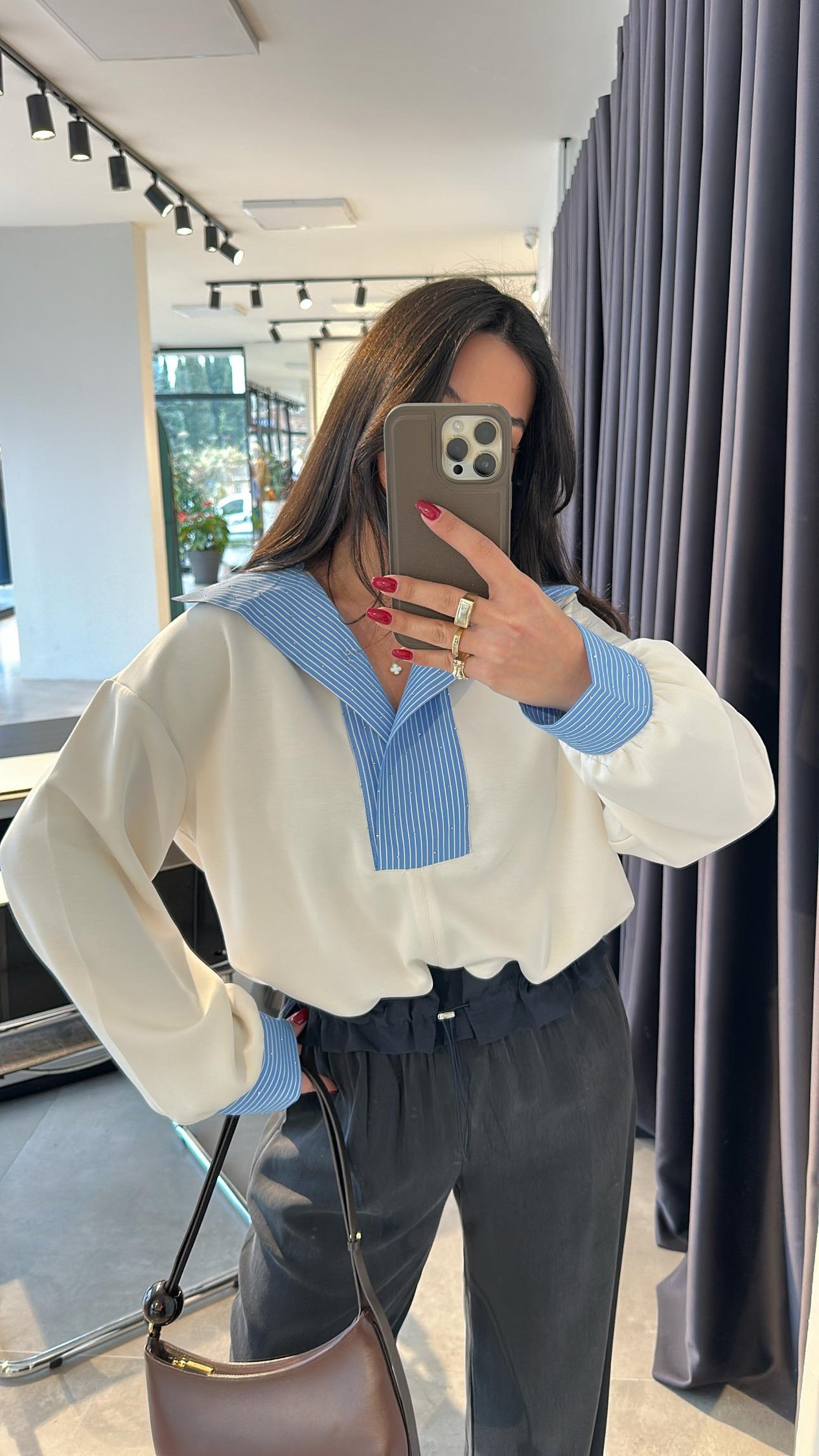 Ekru Modal Kumaş Poplin Detaylı Sweat