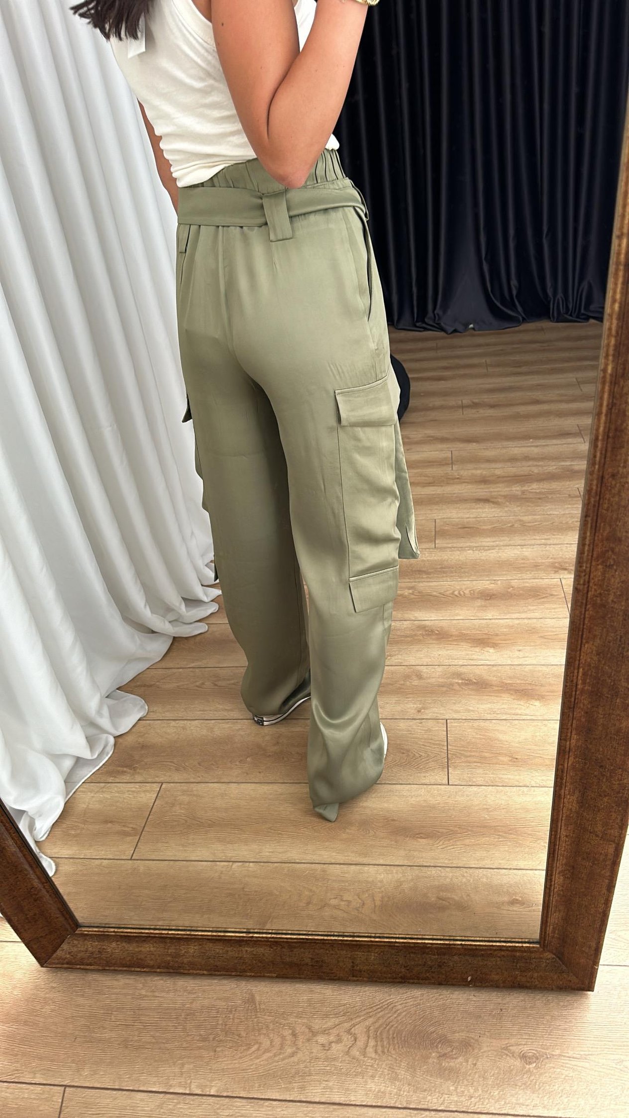 Haki Saten Kargo Cep Detaylı Pantolon