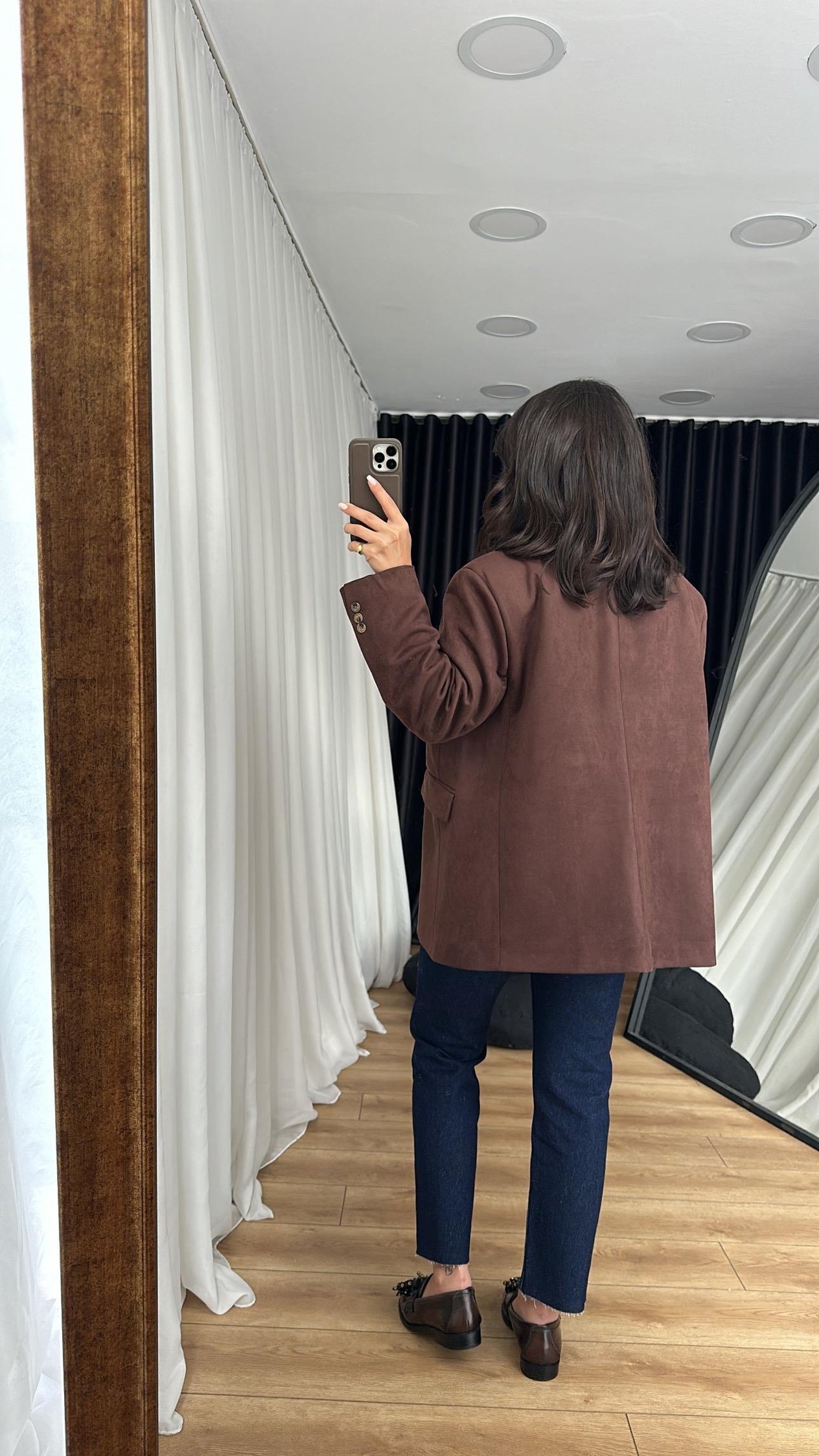Kahve Vatkalı Kemer Detaylı Süet Ceket