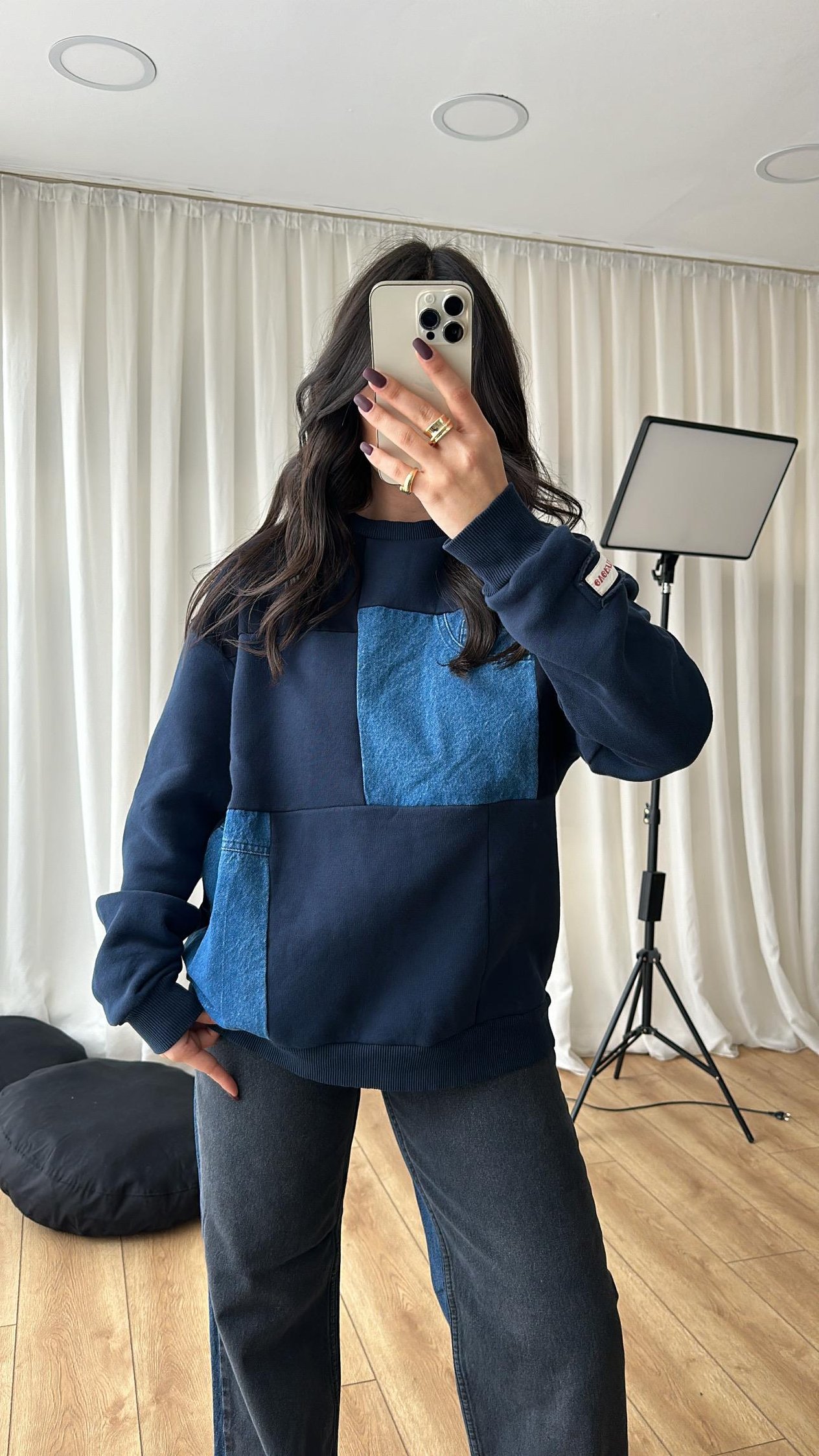 Lacivert Denim Detaylı Sweatshirt