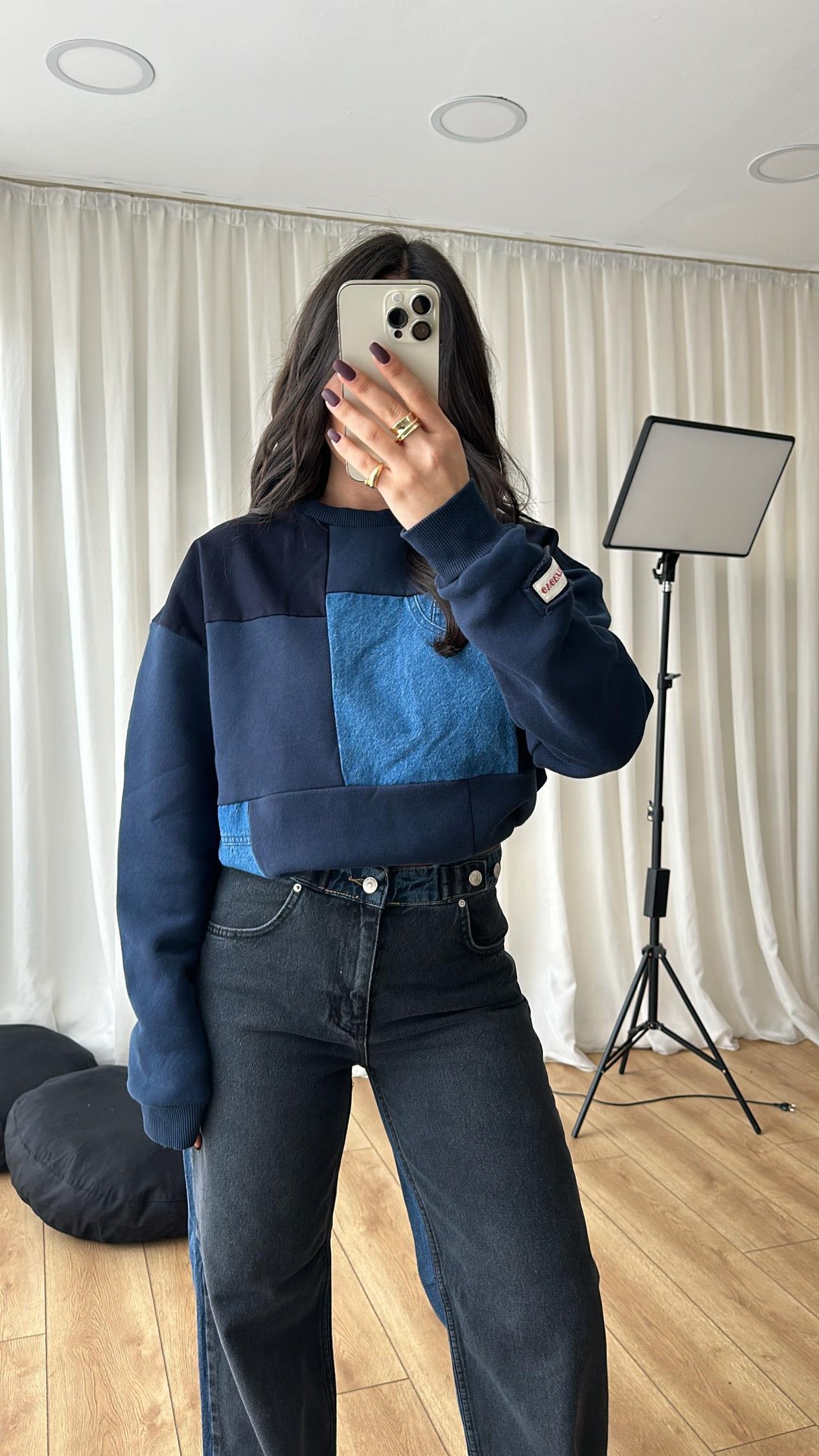 Lacivert Denim Detaylı Sweatshirt
