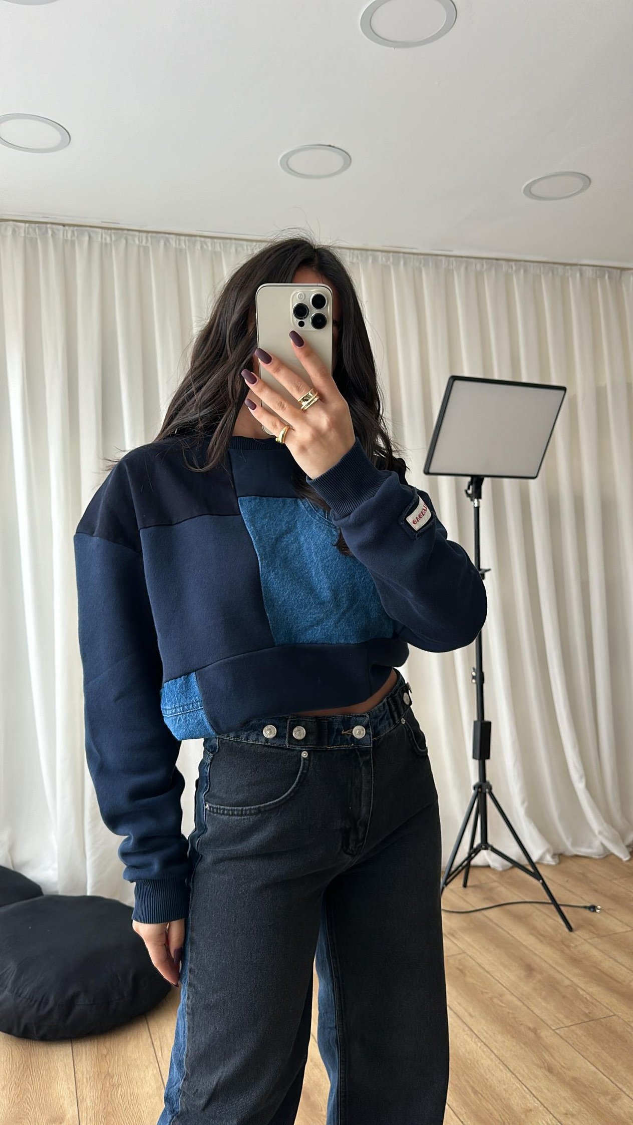Lacivert Denim Detaylı Sweatshirt
