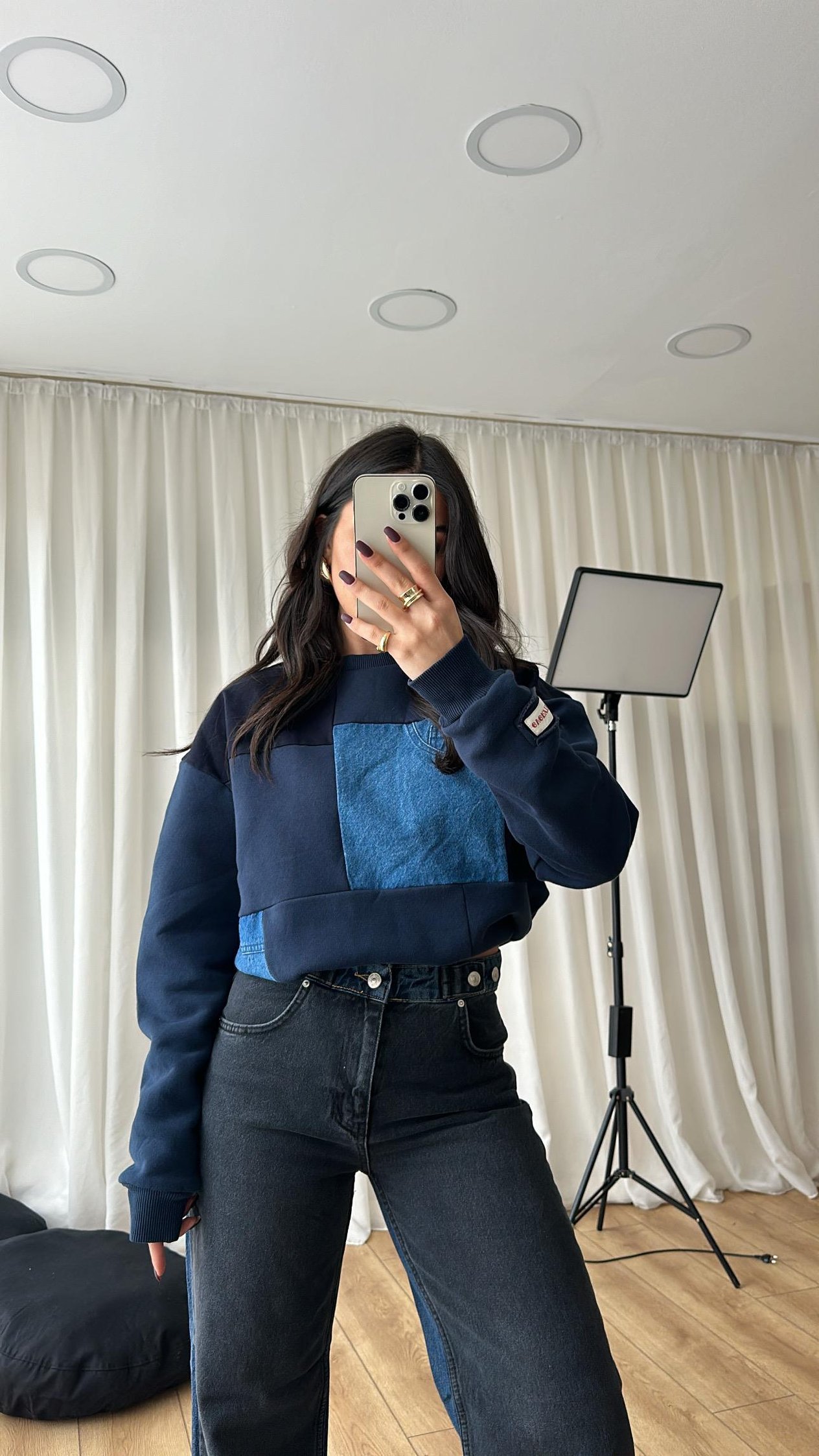 Lacivert Denim Detaylı Sweatshirt