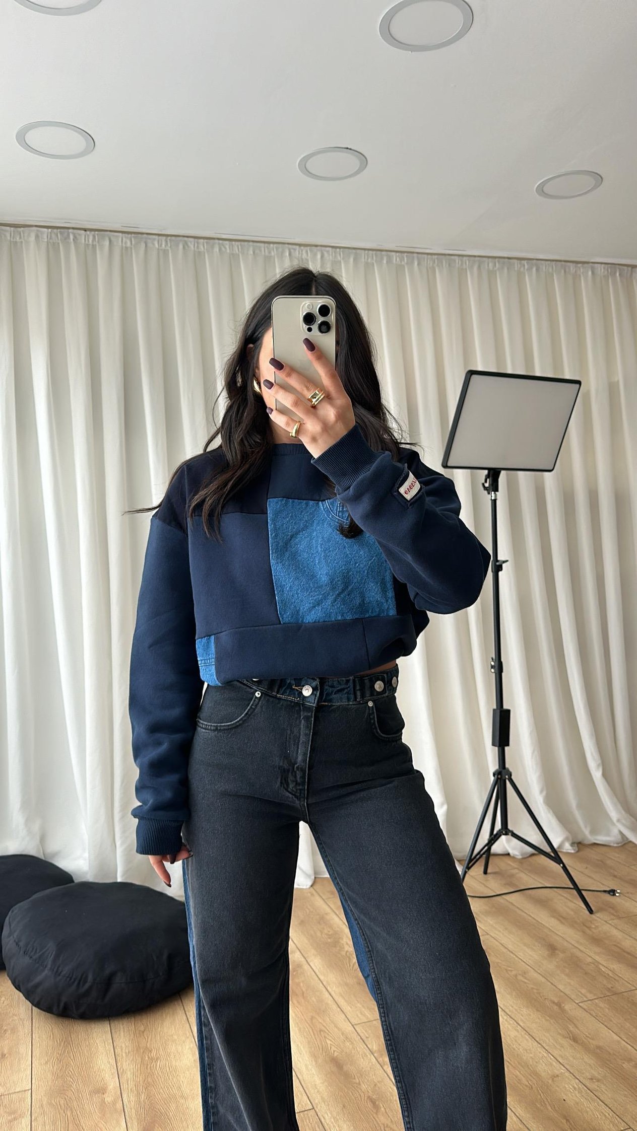 Lacivert Denim Detaylı Sweatshirt