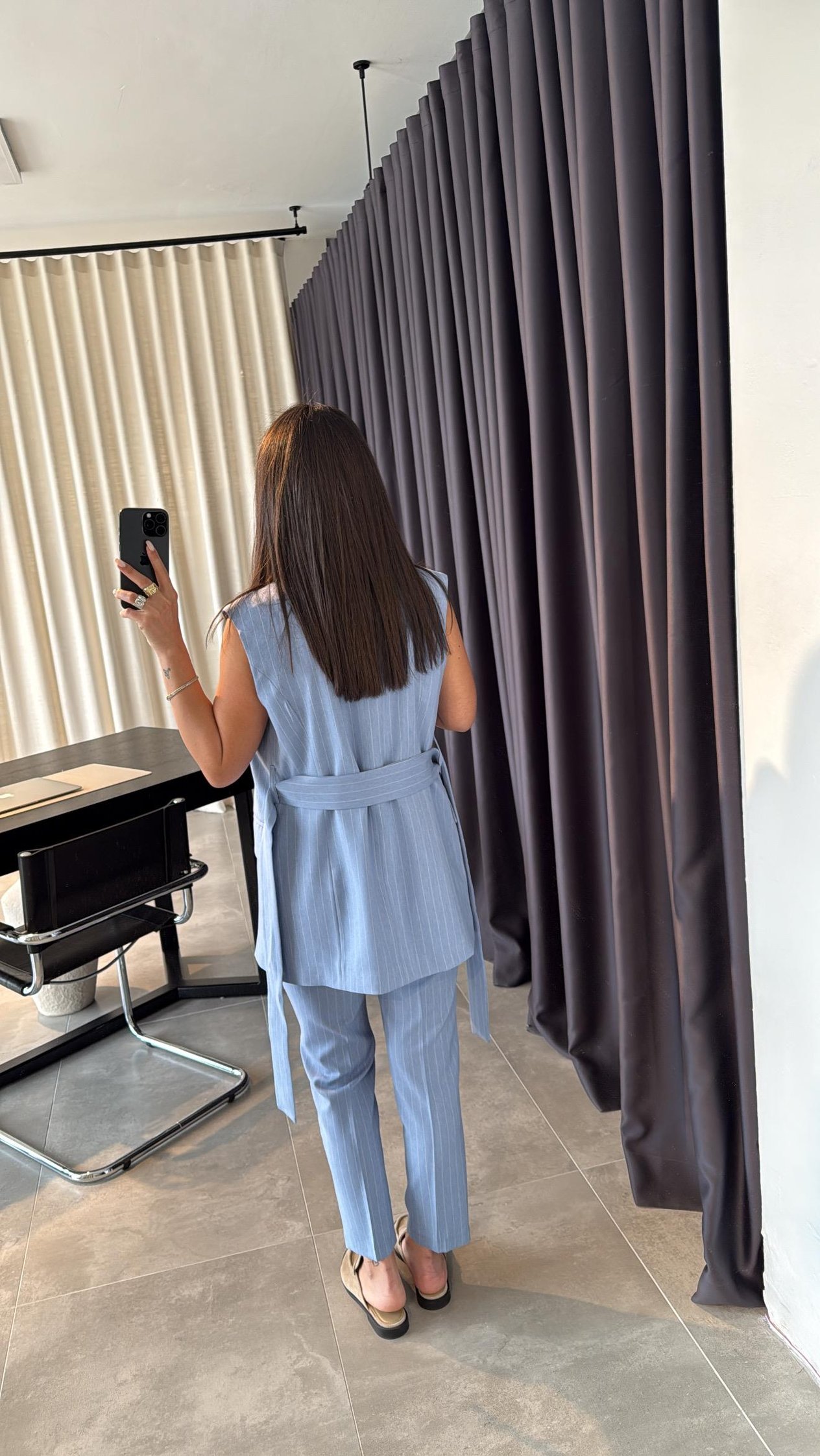 Mavi Çizgili Yelek Pantolon Takım