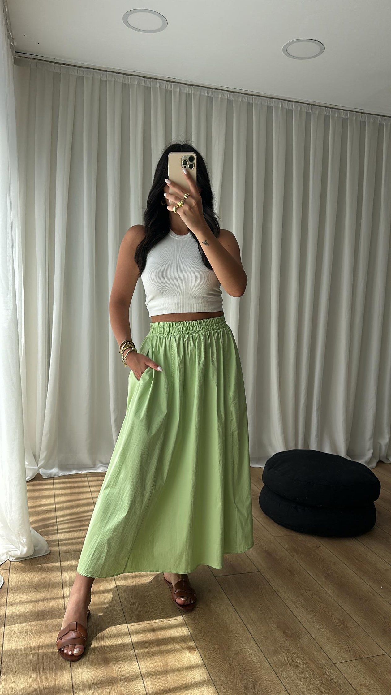 Yeşil Poplin Maxi Etek