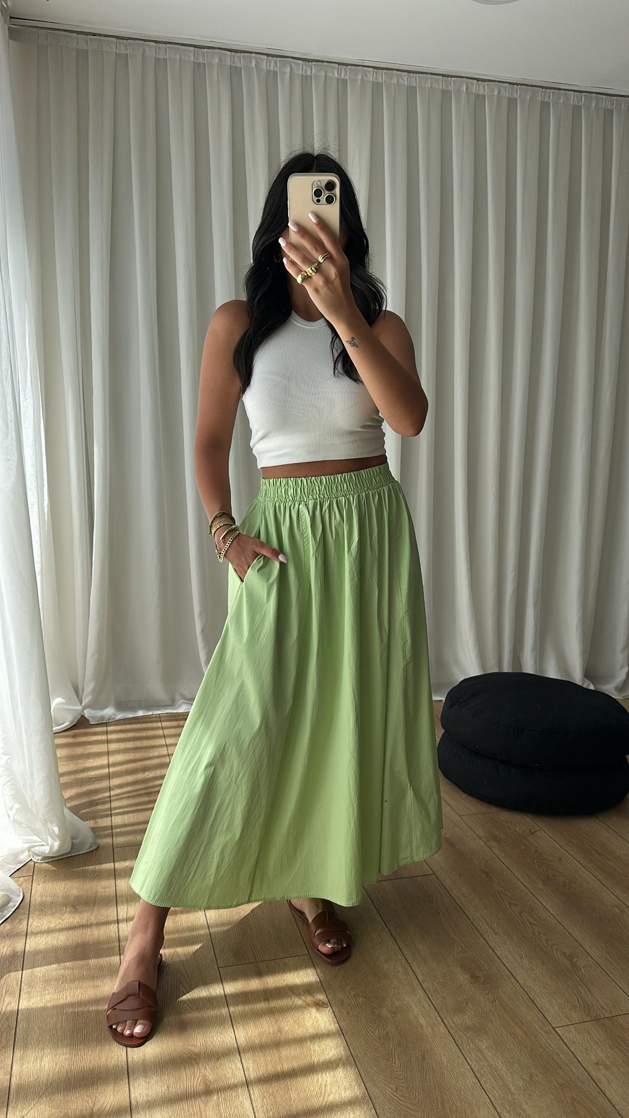 Yeşil Poplin Maxi Etek