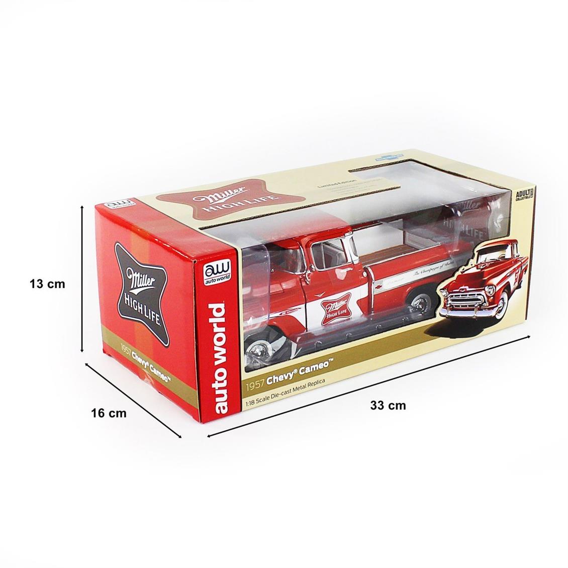 AutoWorld AW287 1/18 1957 Chevy Cameo Pickup / Miller High Life, Red & White, Sergilemeye Hazır Metal Araba Modeli