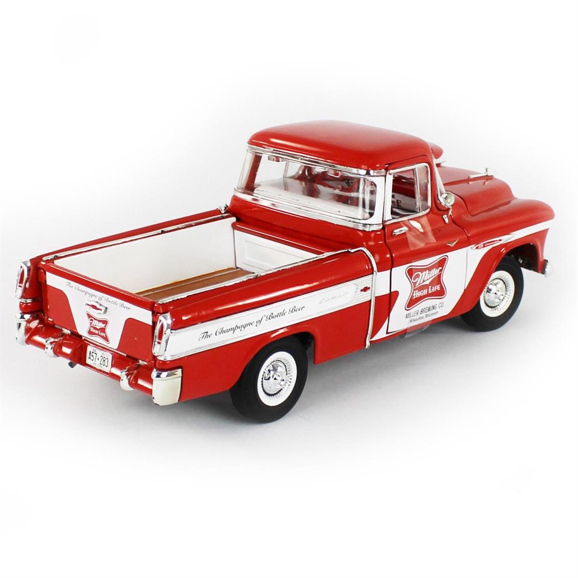 AutoWorld AW287 1/18 1957 Chevy Cameo Pickup / Miller High Life, Red & White, Sergilemeye Hazır Metal Araba Modeli