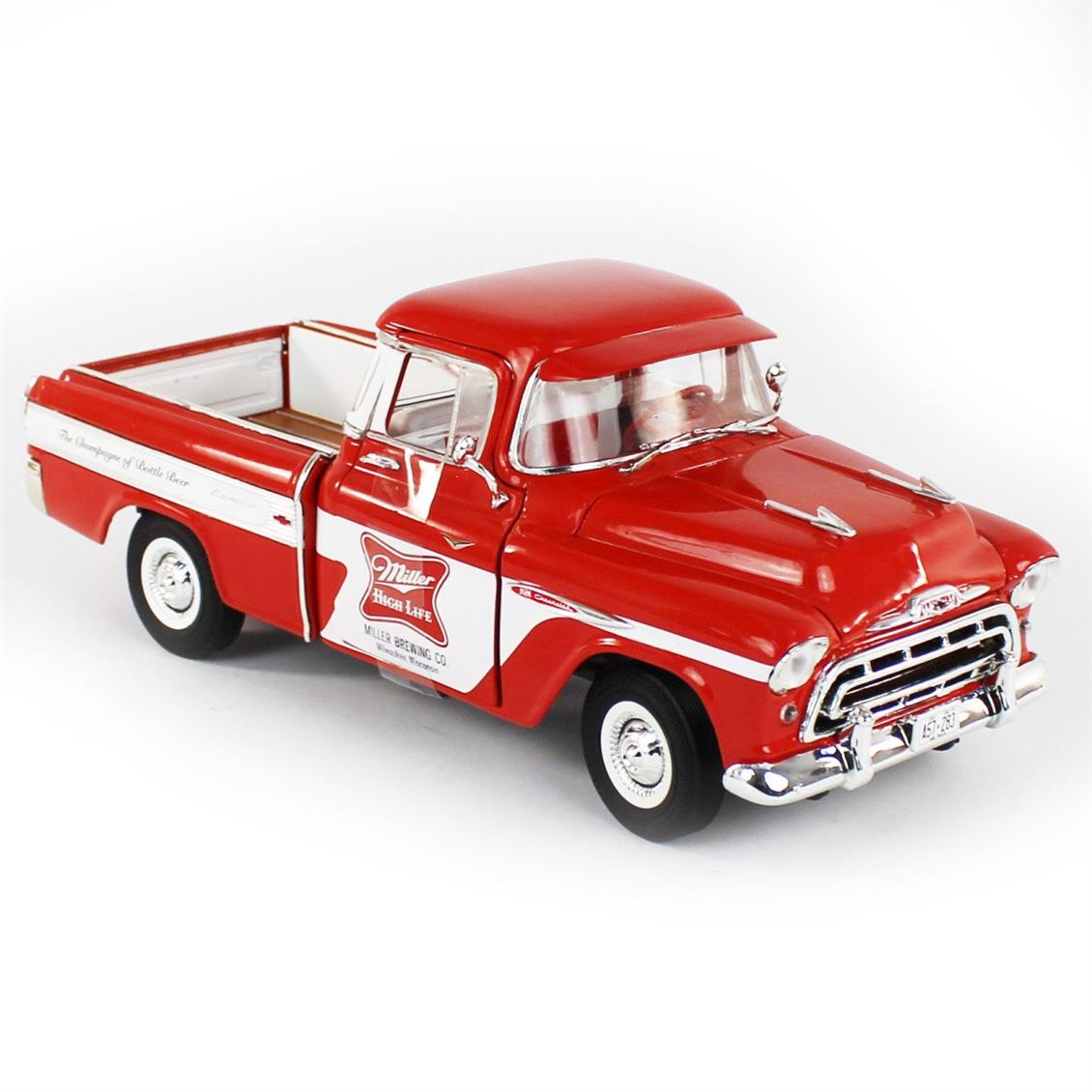 AutoWorld AW287 1/18 1957 Chevy Cameo Pickup / Miller High Life, Red & White, Sergilemeye Hazır Metal Araba Modeli