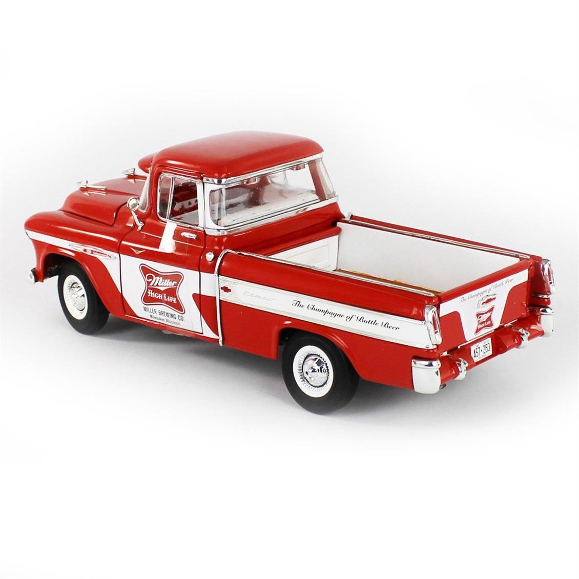 AutoWorld AW287 1/18 1957 Chevy Cameo Pickup / Miller High Life, Red & White, Sergilemeye Hazır Metal Araba Modeli