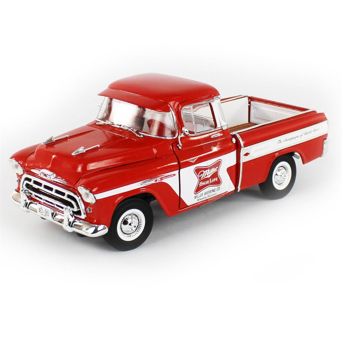 AutoWorld AW287 1/18 1957 Chevy Cameo Pickup / Miller High Life, Red & White, Sergilemeye Hazır Metal Araba Modeli