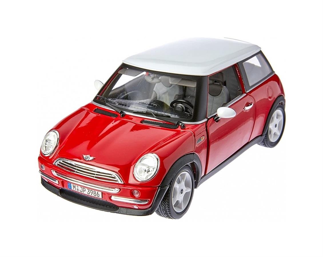 Bburago 12034 1/18 2001 Mini Cooper, Kırmızı-Beyaz Tavanlı, Sergilemeye Hazır Metal Araba Modeli