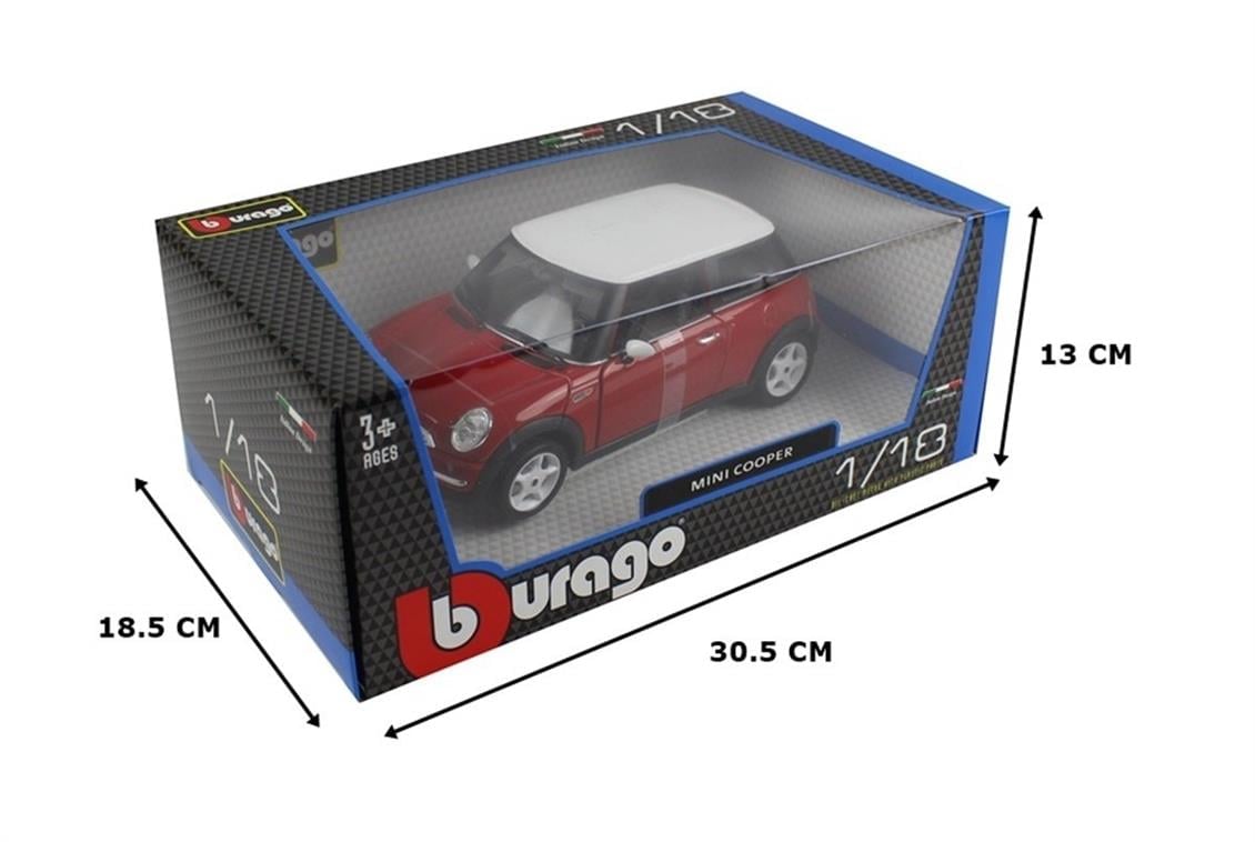 Bburago 12034 1/18 2001 Mini Cooper, Kırmızı-Beyaz Tavanlı, Sergilemeye Hazır Metal Araba Modeli