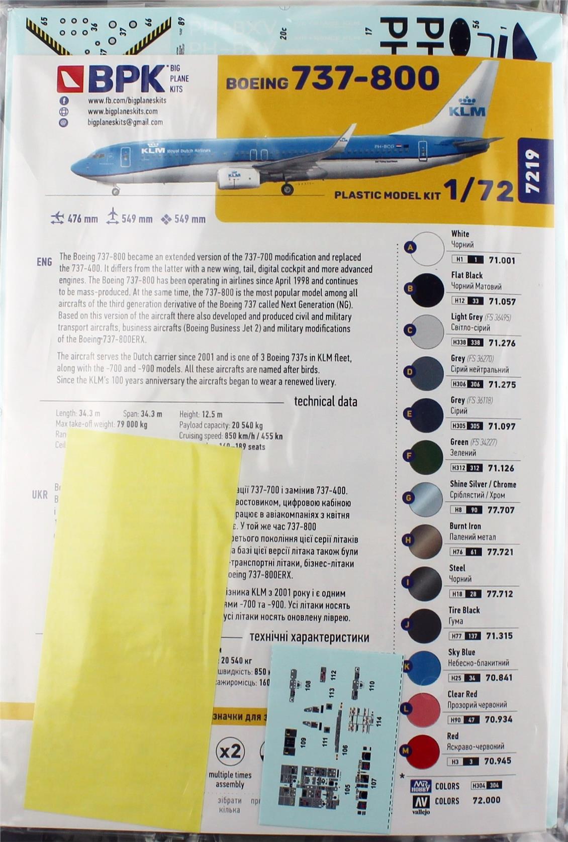Big Planes Kits 7219 1/72 Ölçek, 737-800 KLM Yolcu Uçağı, Plastik Model Kiti