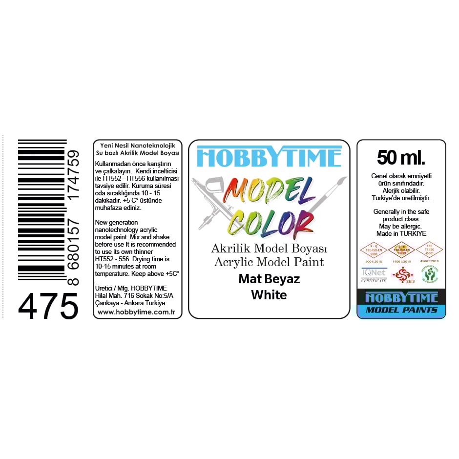 Hobbytime 475 50 ml. Mat Beyaz (White ), Akrilik Model Boyası